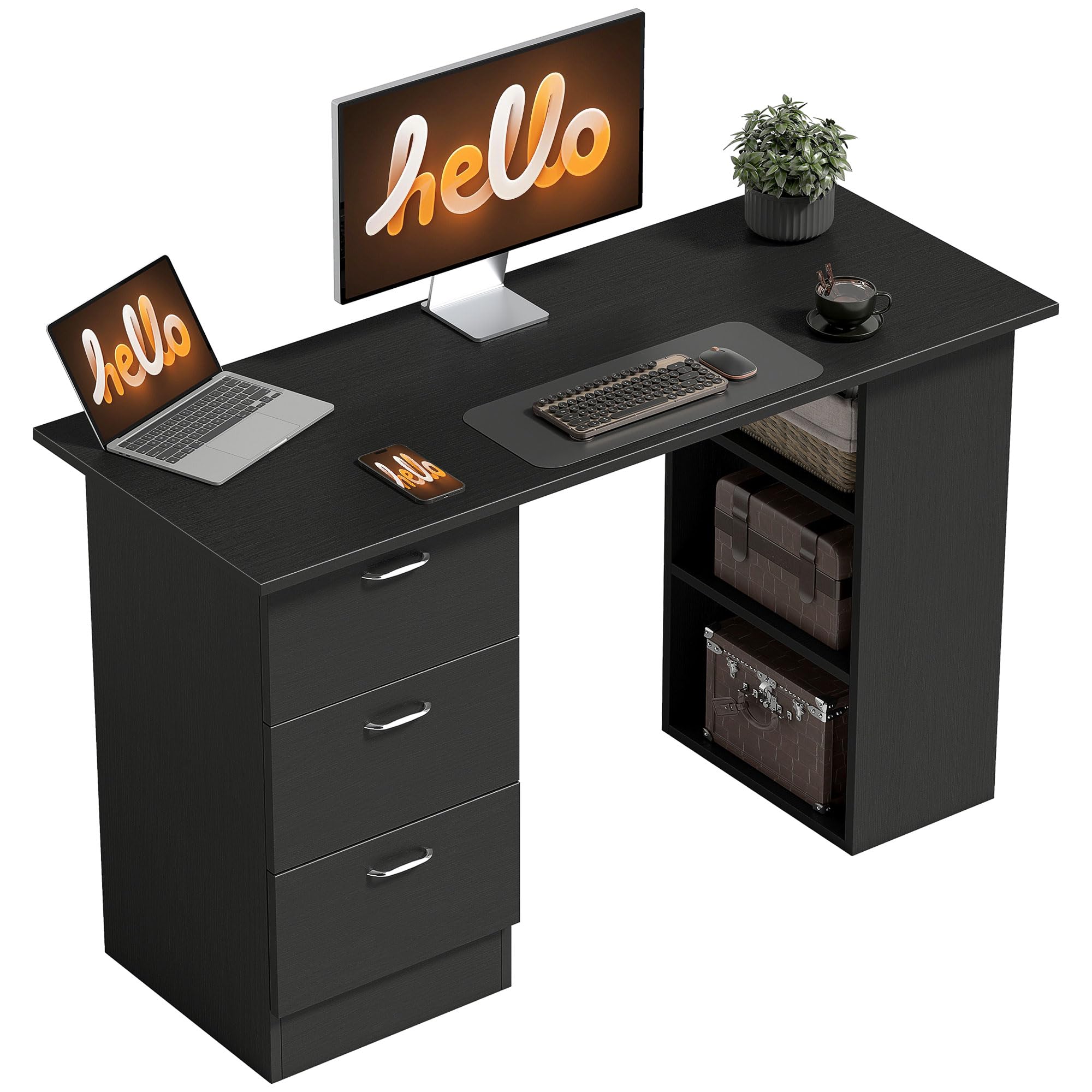 HOMCOM 47" Modern Home Office Computer Desk Bookcase Combo Writing Table Workstation with 3 Drawer and Storage Shelf - Black