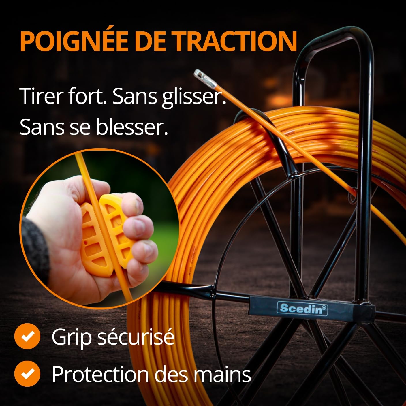 Aiguille tire-fil électricien 100 m x 6 mm avec dévidoir | Fibre de verre flexible et ultra-résistante | Outil professionnel pour passage de câble et gaine électrique