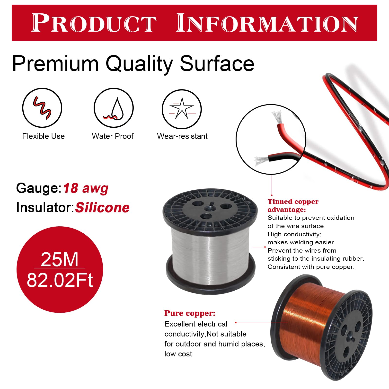 0,82 mm² (18 AWG) Czerwony i czarny kabel silikonowy (zewnętrzny: 2,3 mm x 4,6 mm), 25 m, wąż wysokotemperaturowy, cynowana miedź do taśm LED, zastosowania 12 V/24 V DC, projekty elektryczne i
