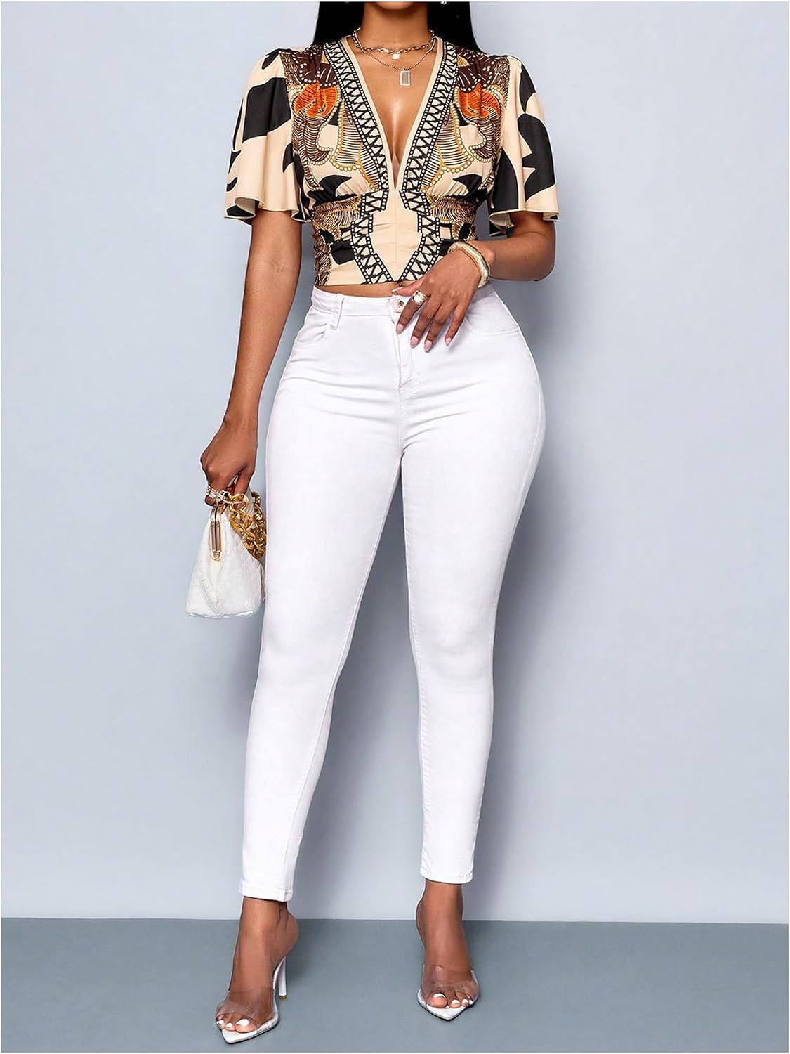WDIRARA Women's Boho Printed Deep V Neck Short Sleeve Blouse Shirt Summer Casual Crop Tops