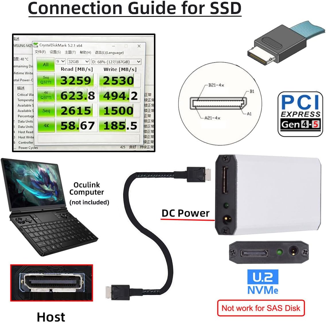 Oculink SFF-8612 SFF-8611 to M.2 NGFF M-Key to NVME PCIe SSD 2280 SSD Enclosure Adapter for Mainboard