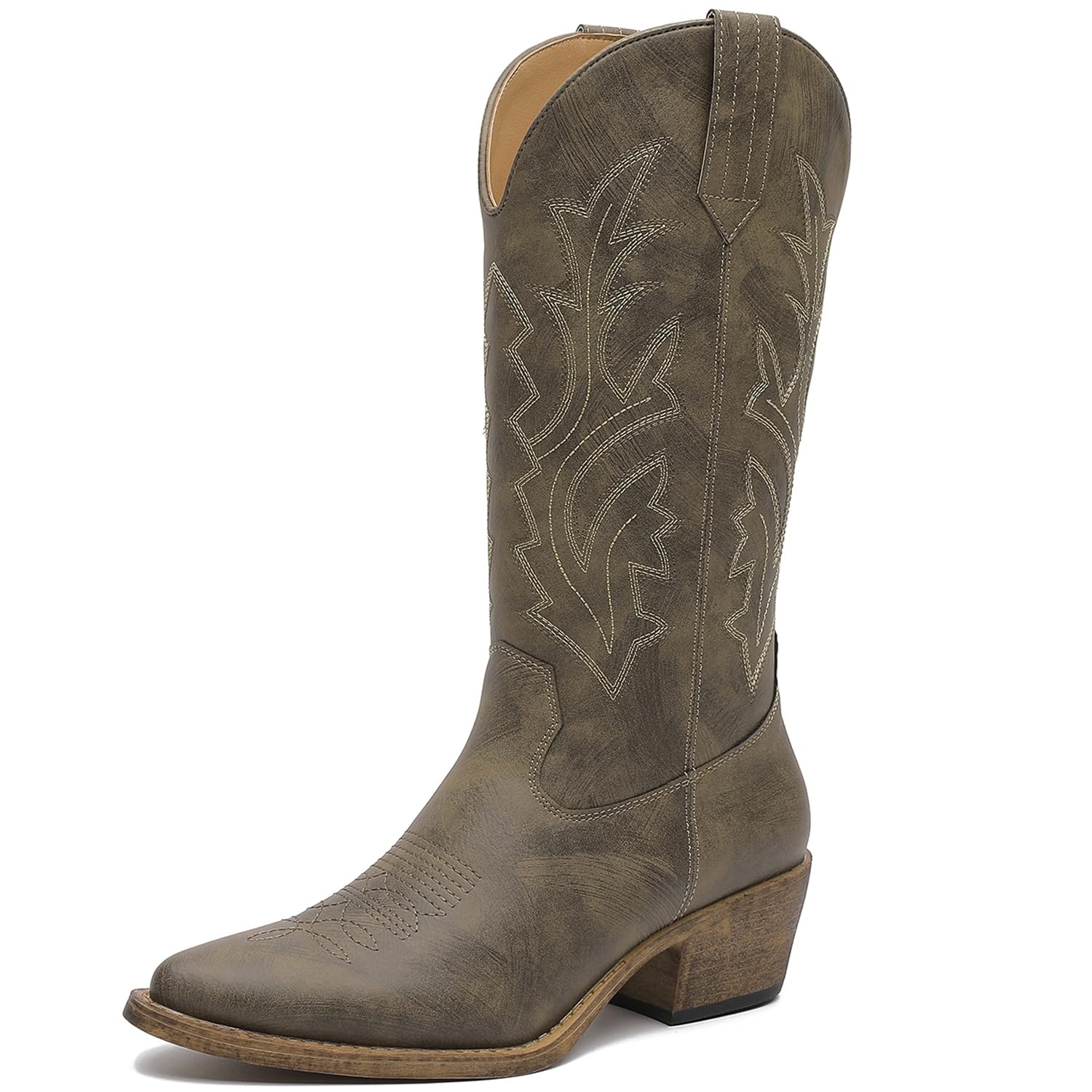 GLOBALWIN Women's Mid Calf Western Cowboy Boots Cowgirl Boots for Women with Floral Embroidery Side Zipper Chunky Heel