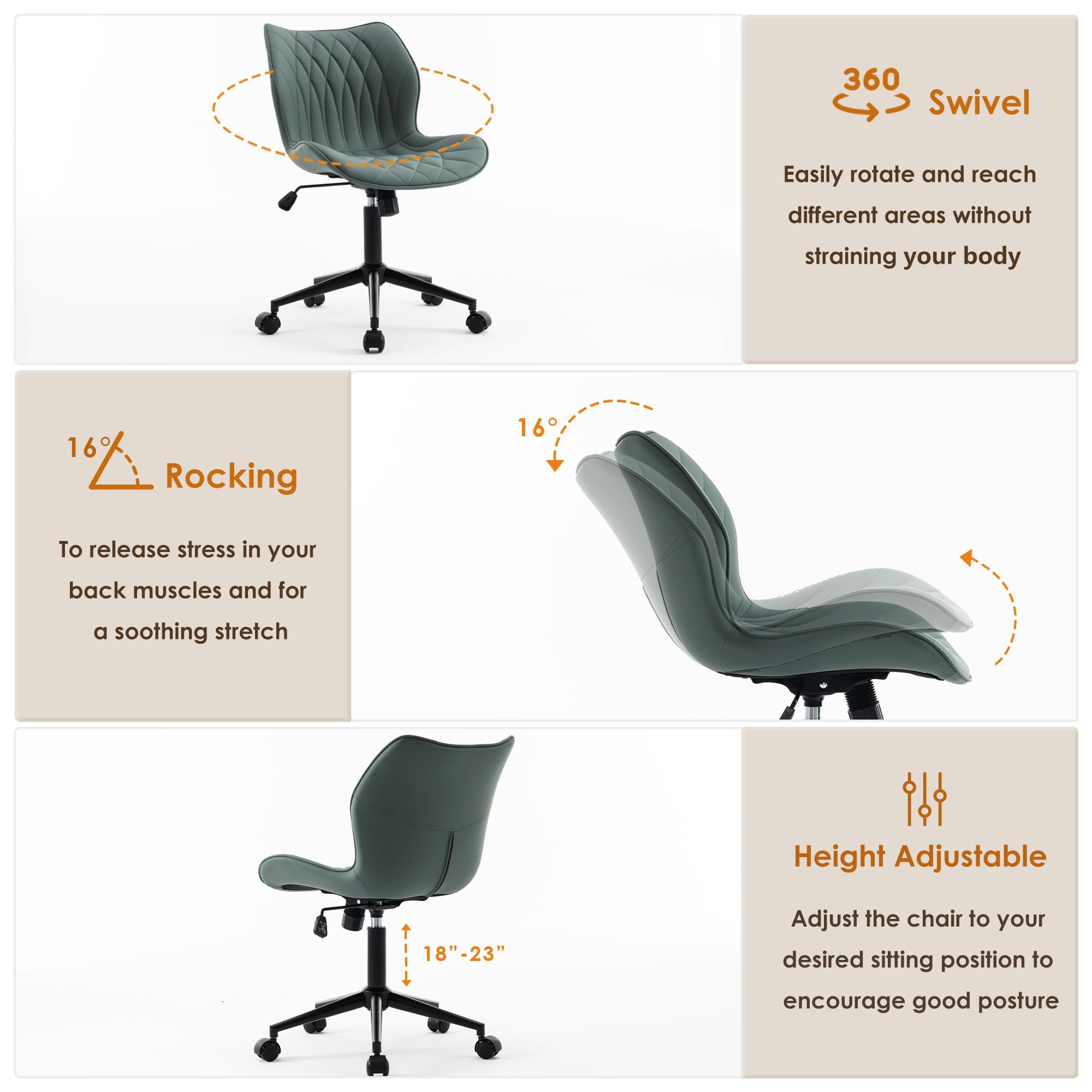 Silla de escritorio sin brazos, cómoda silla de oficina con ruedas, silla ergonómica para el hogar, sillas ajustables para computadora, moderna silla giratoria de piel sintética tapizada para 2