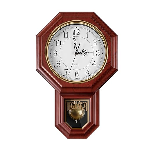 Regulator Wall Clock with Pendulum,Imitation Red Wood Plastic Wall Clock Battery Operated,Vintage