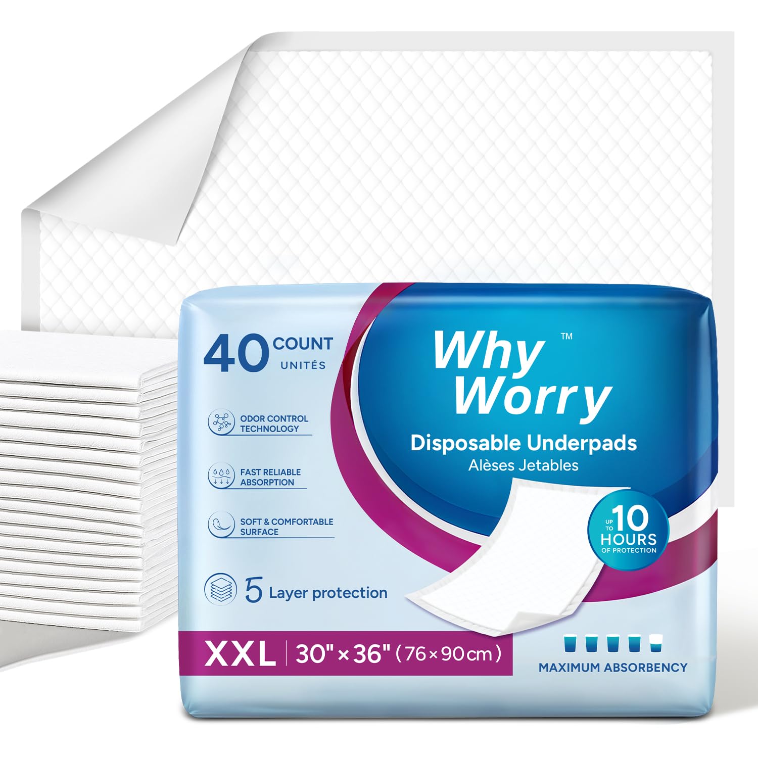 WhyWorry Extra Large Disposable Bed Pads 30" x 36", Super Absorbent Leakproof Incontinence Underpads for Surface Protection, Quilted Chucks Pee Pads for Adults and Babies, 80 Count (2 Packs of 40)-image-5
