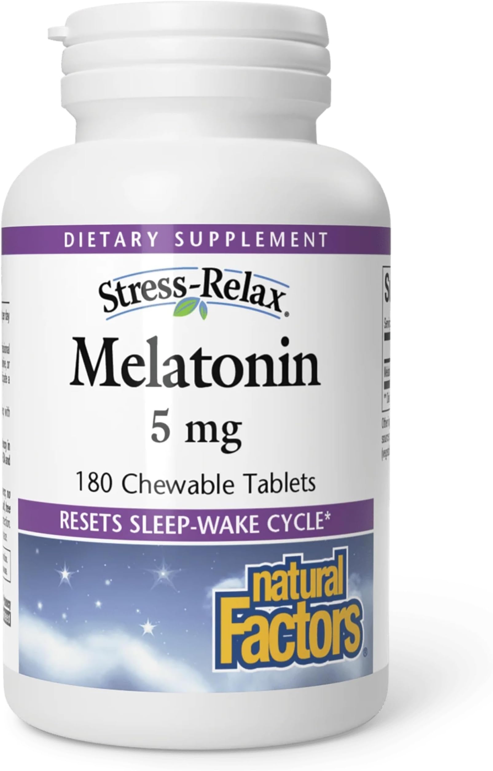 Stress-Relax Melatonin 5 mg by Natural Factors, Natural Sleep Aid, Resets the Sleep-Wake Cycle, 180 chewable tablets (180 servings), Peppermint Flavor