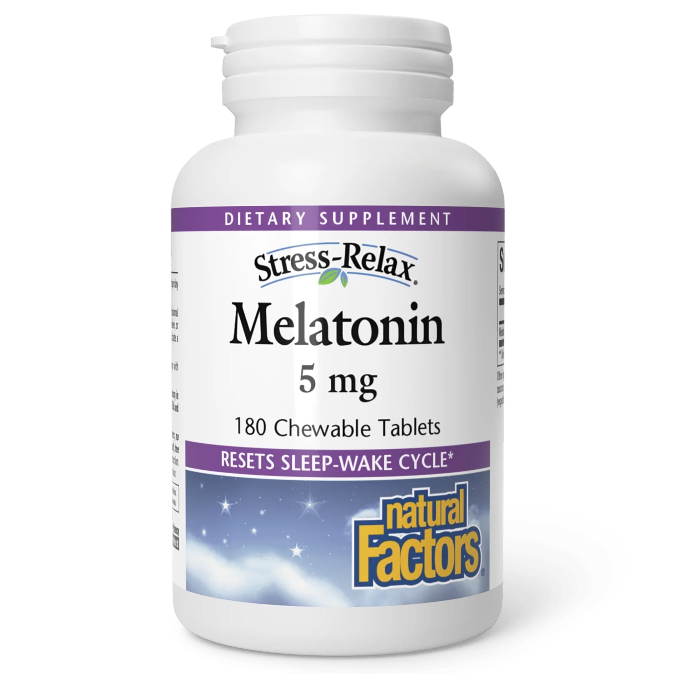 Stress-Relax Melatonin 5 mg by Natural Factors, Natural Sleep Aid, Resets the Sleep-Wake Cycle, 180 chewable tablets (180 servings), Peppermint Flavor