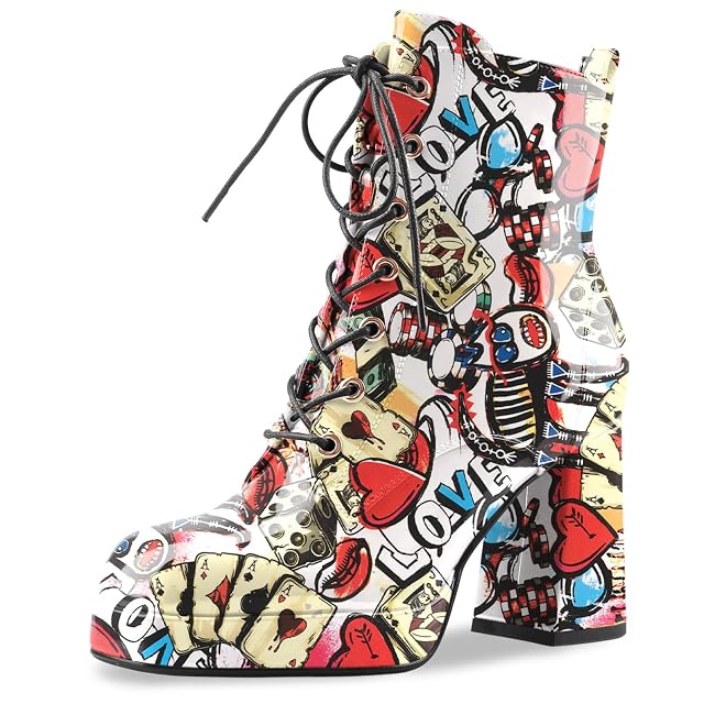 Oh Mispares Womens Platform Ankle Boots with High Chunky Heel Fashion Lace-up Square toe Patent Leather Booties