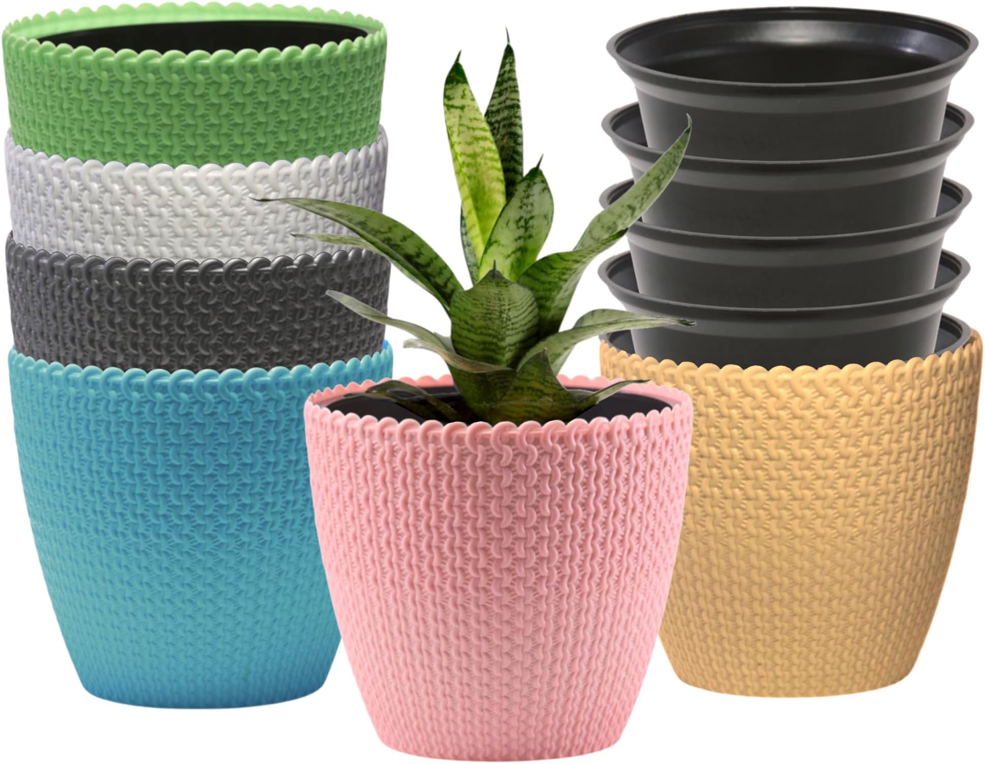 DOAP Decorative Planter Set, 5 Self Watering Pots with Inner Liner Pots, Plastic Flower Pots for Home, Office Indoor/Outdoor Use (Assorted 5 PC)