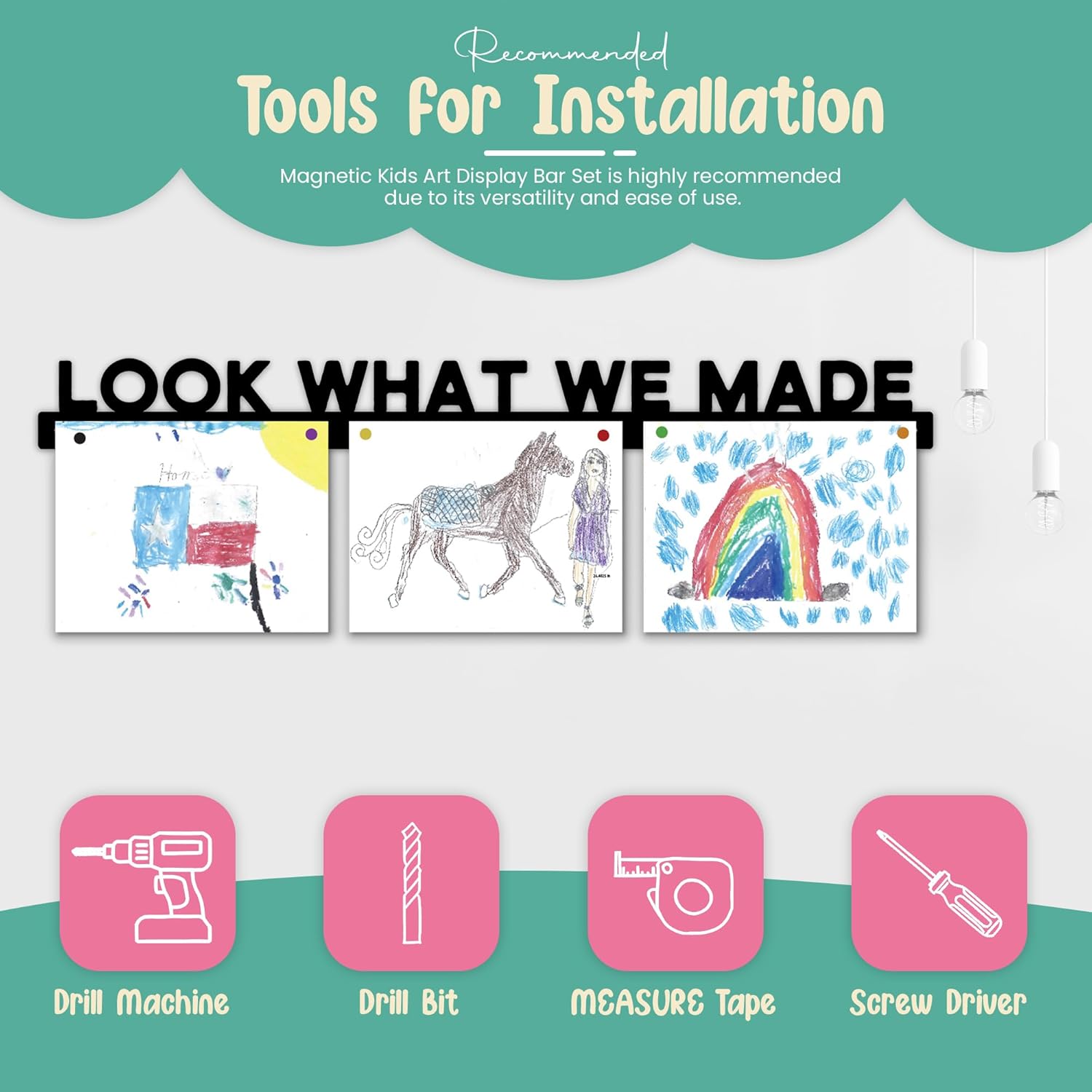 Look What We Made Magnetic Art Display for Kids Artwork - Kids Art Display - Artwork Display for Kids Art for Wall - Picture Hanging System - Display Children Artwork - Magnet Bar (36, Black)