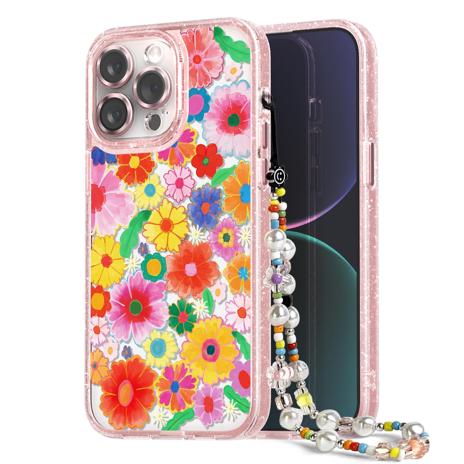 casevivid Compatible for iPhone 14 Pro Case Cute Aesthetic - Glitter Pink Phone Case with Camera Protector - Girly Colorful Flowers Pattern Print