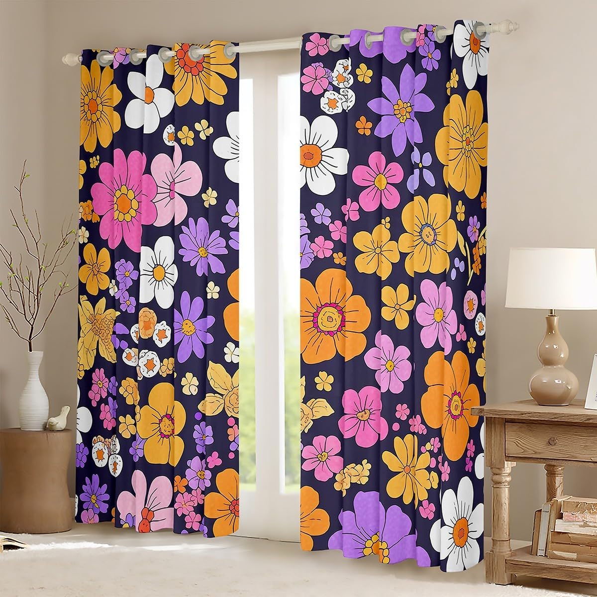 Watercolor Flowers Kids Adults Window Curtain,Groovy Daisy 70s 80s Hippie Style Window Treatment Curtain,Purple Orange Flowers Rustic Style Window Drapes for Teens Child Bedroom Decor,52Wx96L