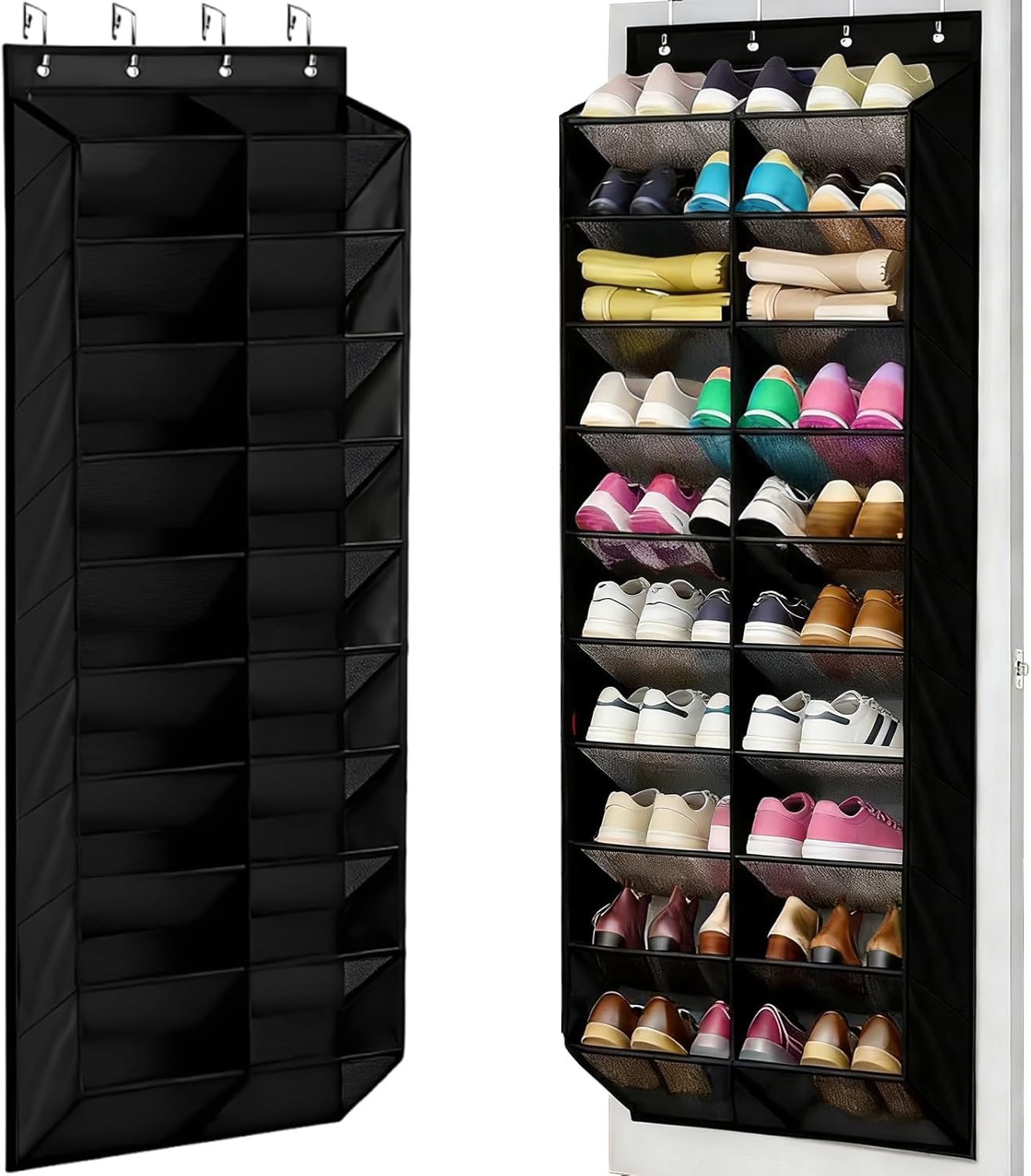 Over The Door Shoe Organizer Storage - Large Size Hanging Shoe Organizer Rack for Door Closet Holds 10 Tiers, Widened and Deep Pockets - Fit All The Family's Sneakers, Boots, Heels,Black