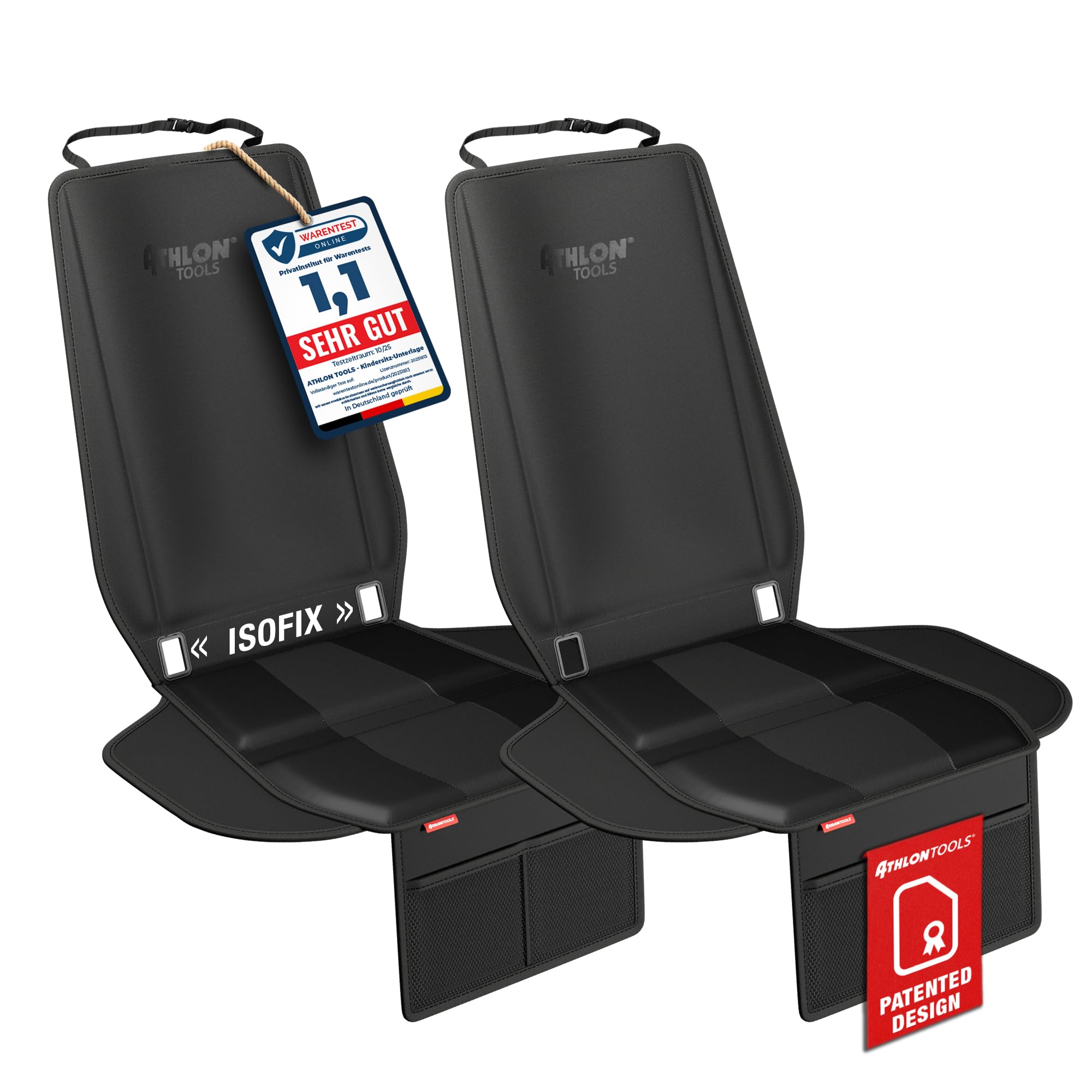 ATHLON TOOLS 2X Kindersitzunterlage mit Seitenschutz - Optimale Passform - Isofix kompatibel - Dick gepolstert - für Kindersitze, Babyschalen und Sitzerhöhungen - Patentiertes Design