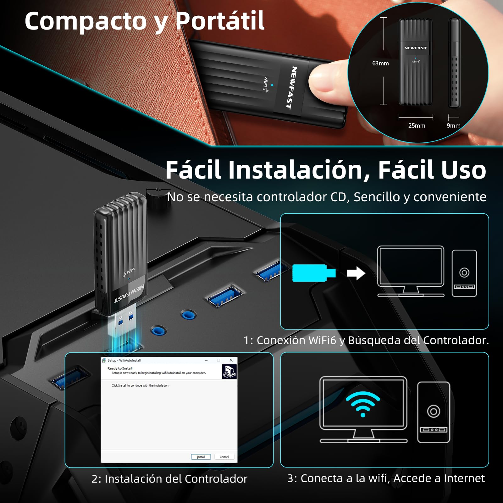 NEWFAST Adaptador WiFi6 USB AX3000, 5.8Ghz/2.4Ghz Adaptador WiFi USB para PC, 3000mbps Receptor WiFi Compatible con Windows 10/11, OFDMA y MU-MIMO, WPA3 y WPA2
