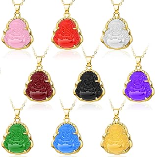 9 Pcs Laughing Smiling Buddha Pendant Buddha Necklace for Women Men Blue Yellow White Pink Green Jade Buhdda Jewelry Gold Lucky Amulet Chain for Mom Dad, 9 Colors (Exquisite Style)