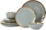 POKINI Dinnerware Set, 12 Pieces Plates and Bowls Set, Dish Set for Wedding Anniversary Birthday, Grey and Gold