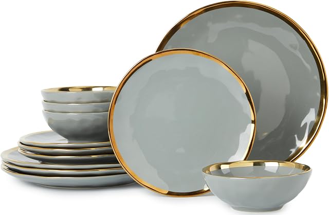 POKINI Dinnerware Set, 12 Pieces Plates and Bowls Set, Dish Set for Wedding Anniversary Birthday, Grey and Gold