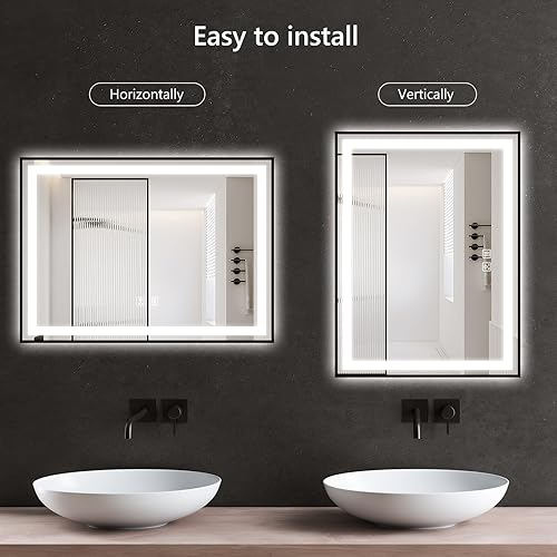 Miniatura 7 de ROOMTEC Espejo de baño negro de 36 x 30 pulgadas, espejo de tocador de baño con marco de aluminio para pared, frontal y retroiluminado, antivaho, 3
