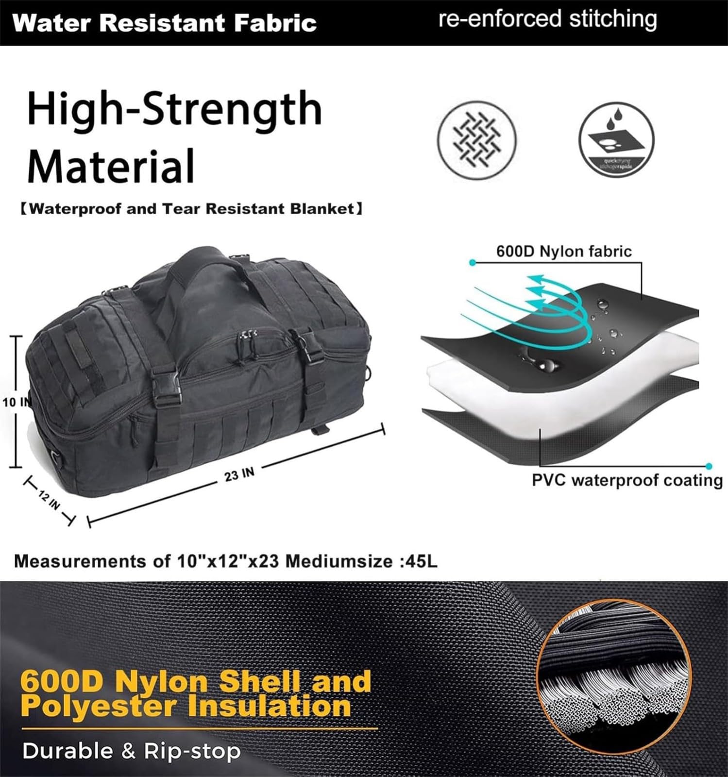 REHOOF Borsone da Palestra, Borsa da Viaggio per Uomo E Donna,Alta capacità Borsa per Allenamento Militare,Sport,Pernottamento,Basket,Tattico,Calcio, Impermeabile E Resistente agli Strappi, 45L C