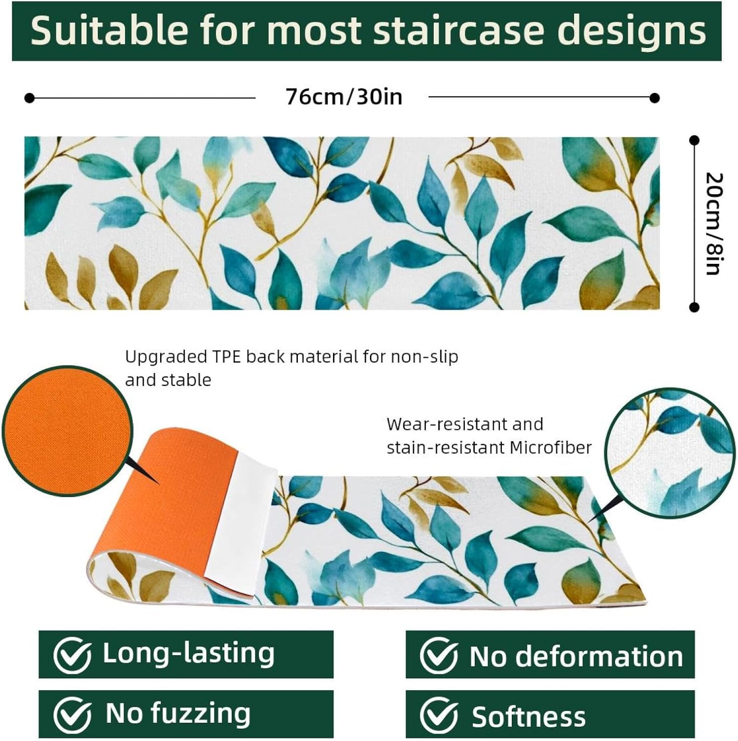 Stair Treads Non Slip Stair Runners for Wooden Steps Indoor, 15PCS 8"x30" Gold Green Leaves and Branches (3) Carpet Treads for Wood Stairs Staircase Step Treads for Kids & Dogs, Stair Covers