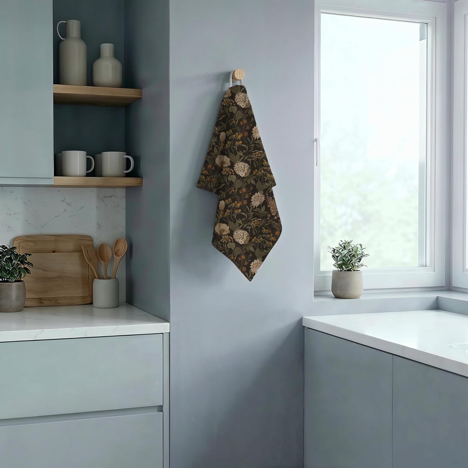 Vintage Brown Floral Kitchen Towels Dishcloth, Moody Flower Wildflower Botanical Decorative Hand Towels for Bathroom, Dark Cottagecore Drying Dish Towel 16x24 inch