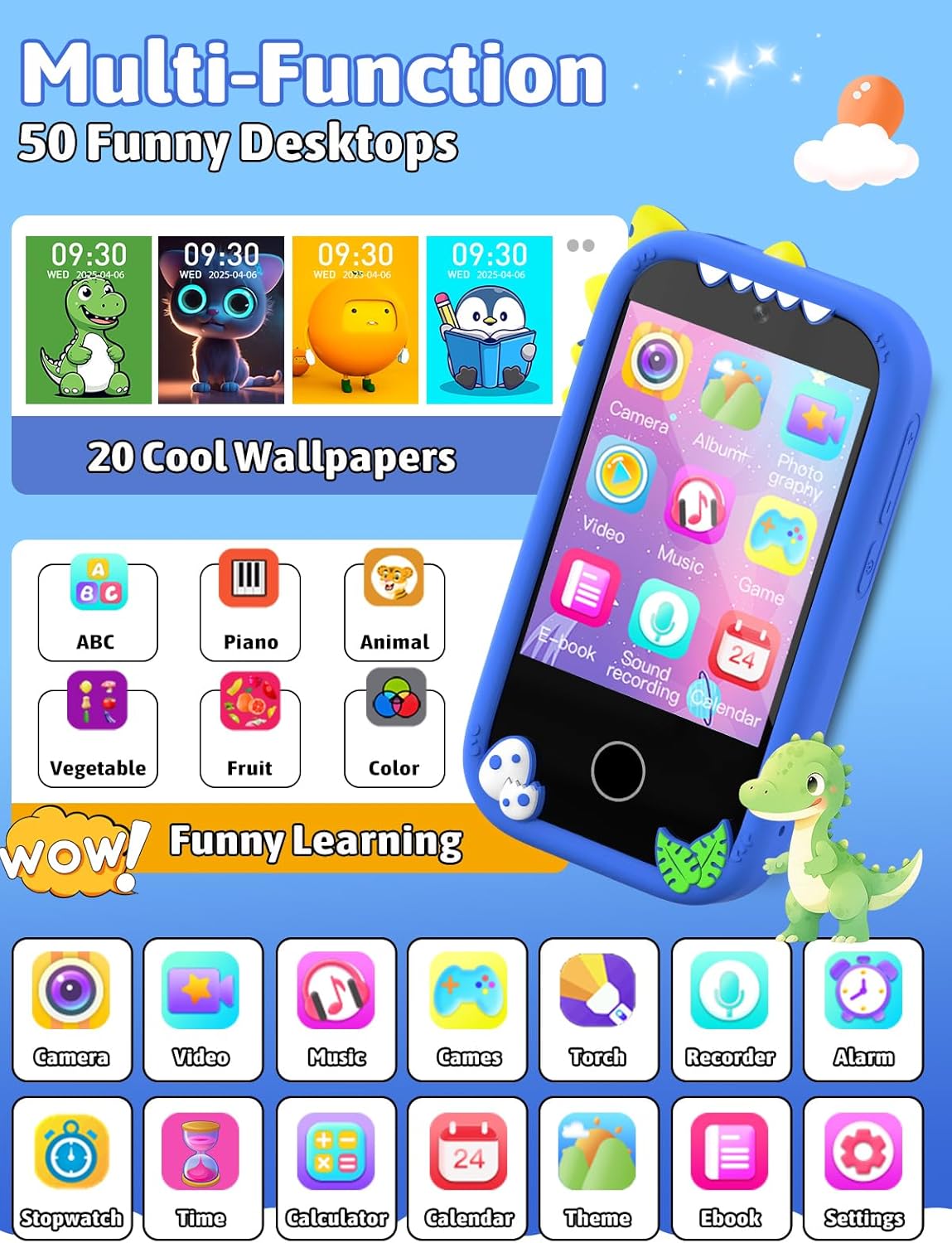 Mgaolo Kids Smart Phone W5 showing various app icons and wallpapers