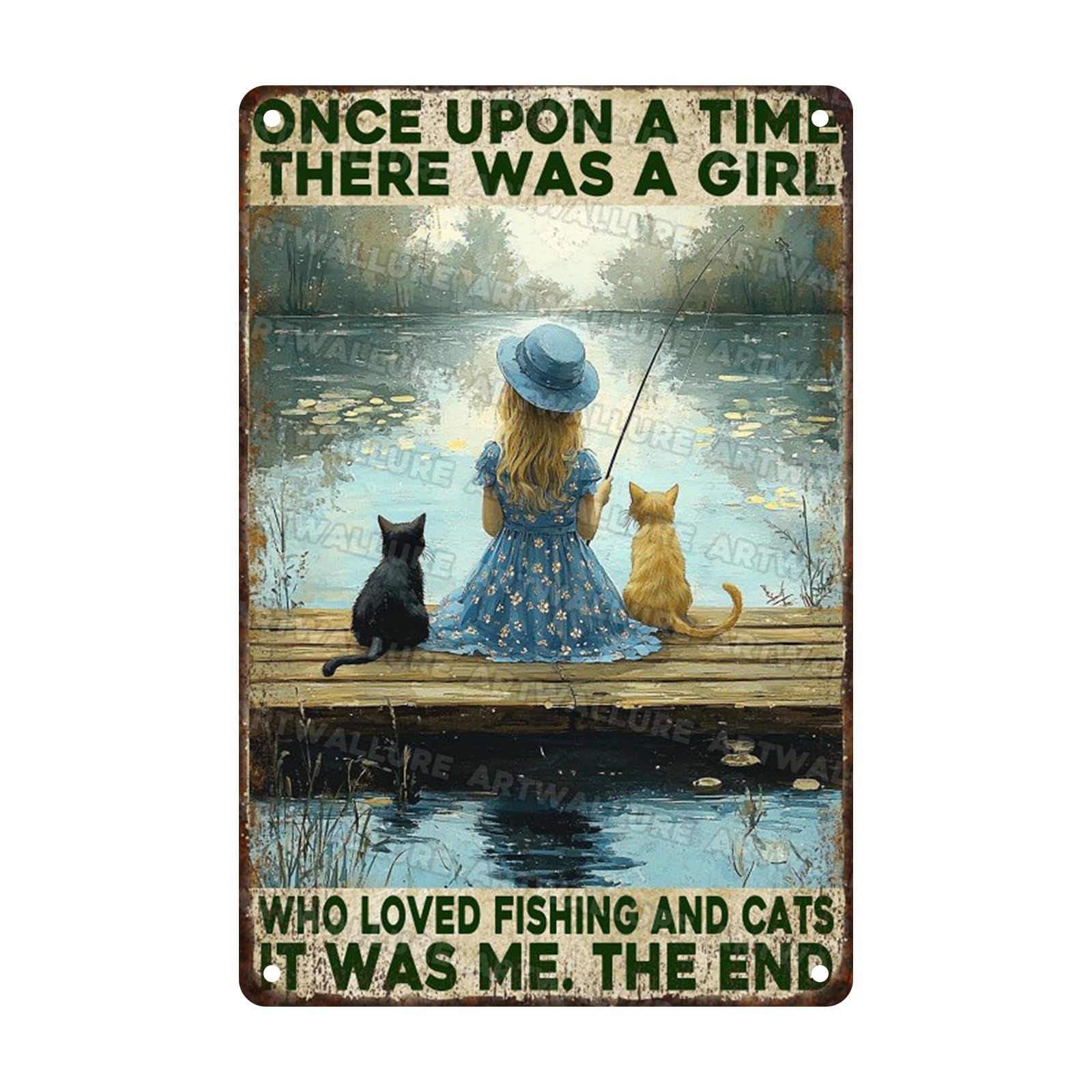 Fishing Cat Lover Metal Tin Sign Rustic Wall Decor Vintage Cottagecore Art Once Upon A Time Story Quote 8x12inch