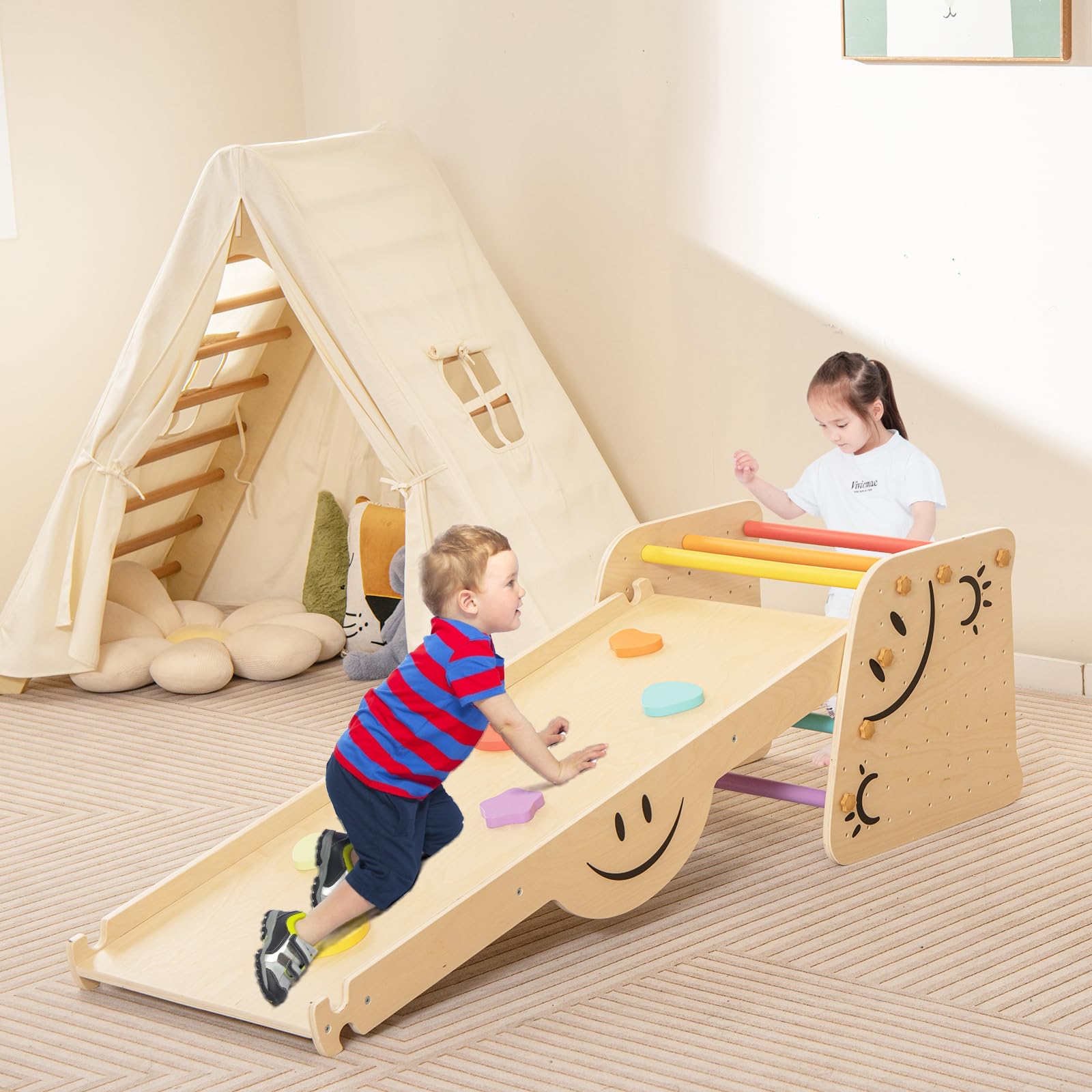 COSTWAY 6 in1 Set Arrampicata per Bambini, Giocattoli da Arrampicata in Legno con Rampe Reversibili, Altalena, Sgabello Regolabile in Altezza, Scala da Arrampicata per Bambini 3+ Anni