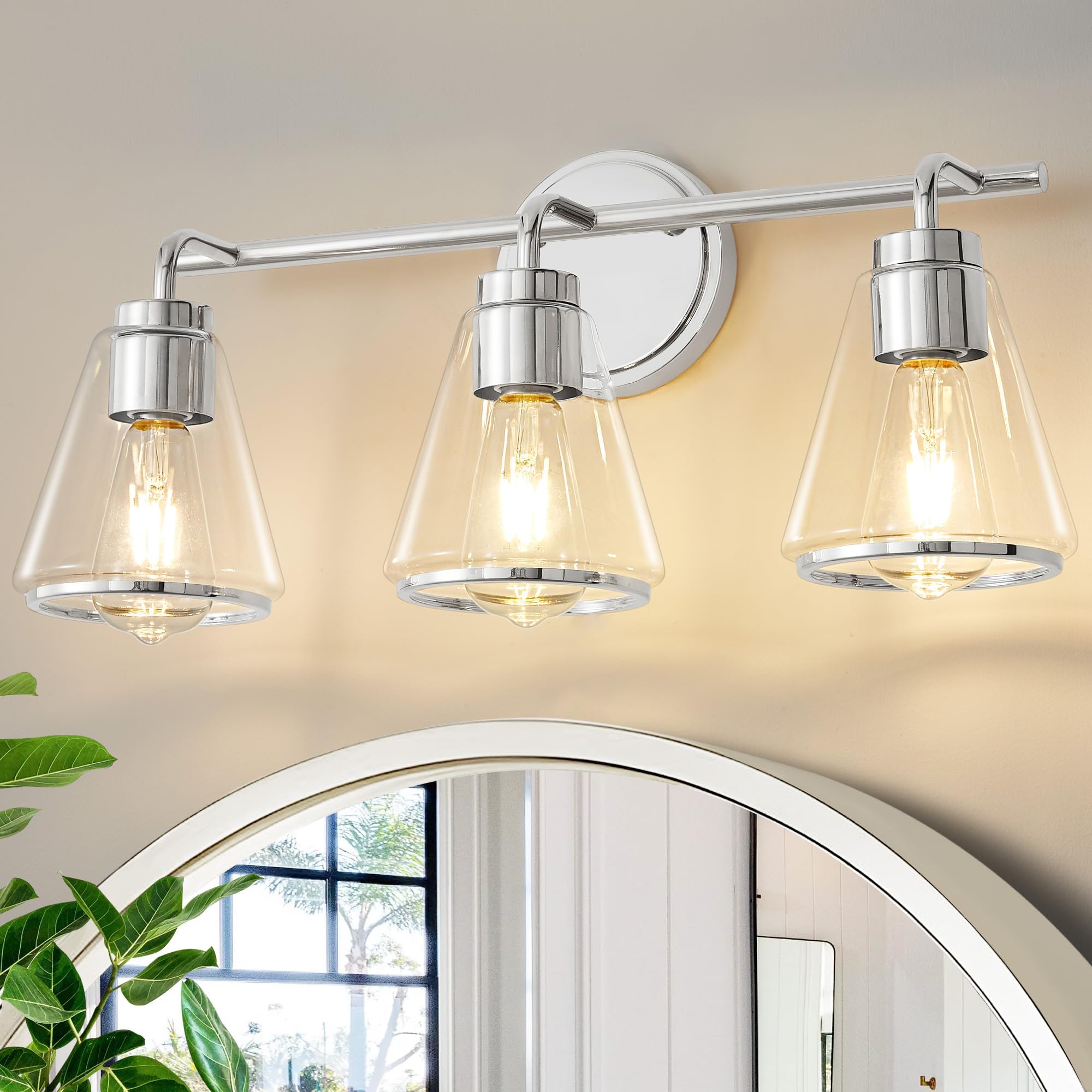 Bathroom Vanity Light - 3 Light Over Mirror Lighting Fixture with Clear Glass Shade, 22 inch Modern Wall Sconce, Polished Nickel