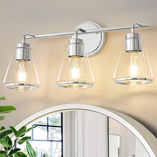 Lámpara de tocador de baño  3 luces sobre espejo con pantalla de vidrio transparente, aplique de pared moderno de 22 pulgadas, níquel pulido