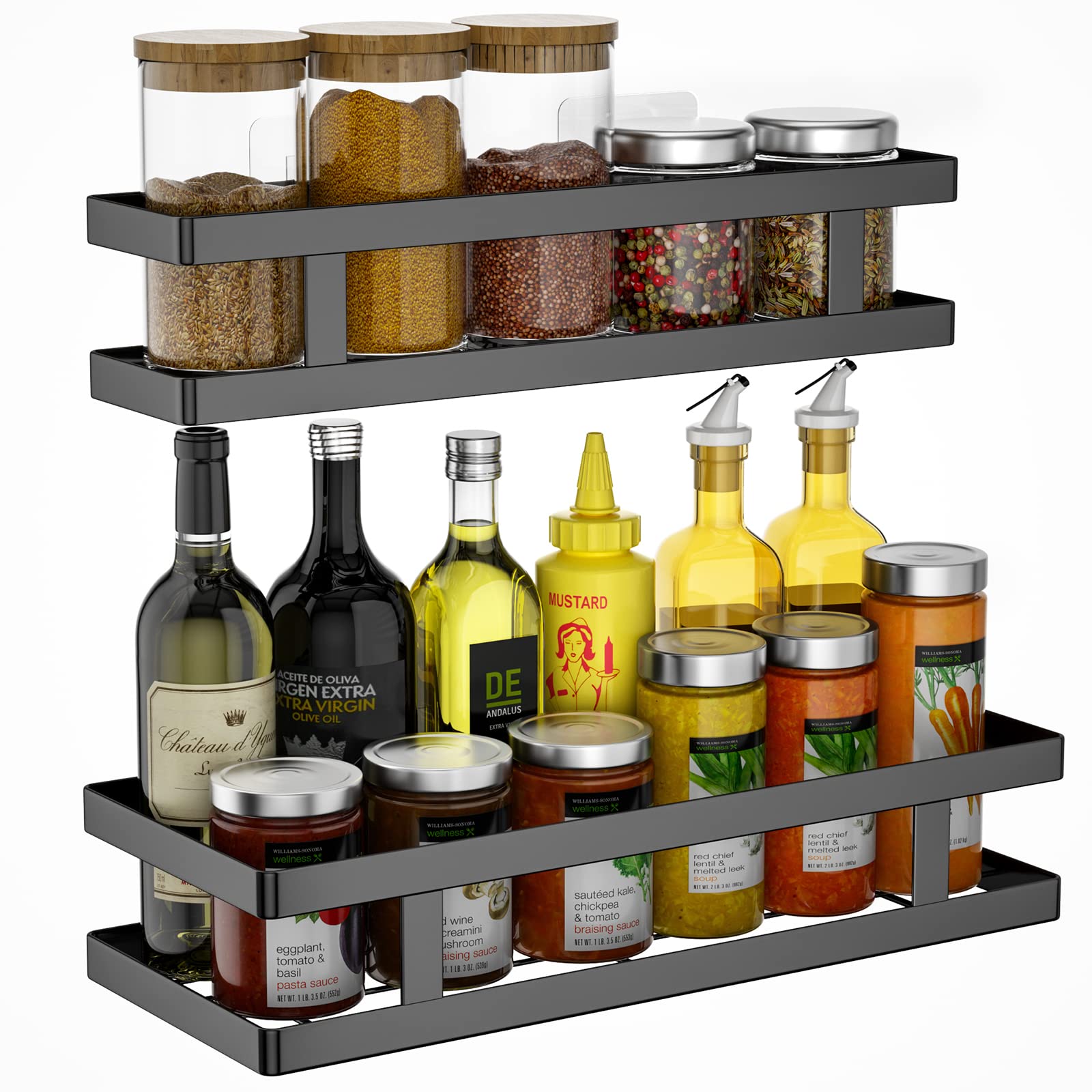 Spice Rack Organizer Wall Mounted, 2 Tier Hanging Seasoning Holder Storage Shelves Stainless Steel Pantry Organization for Kitchen Cabinet Bathroom (Black-Style 1)