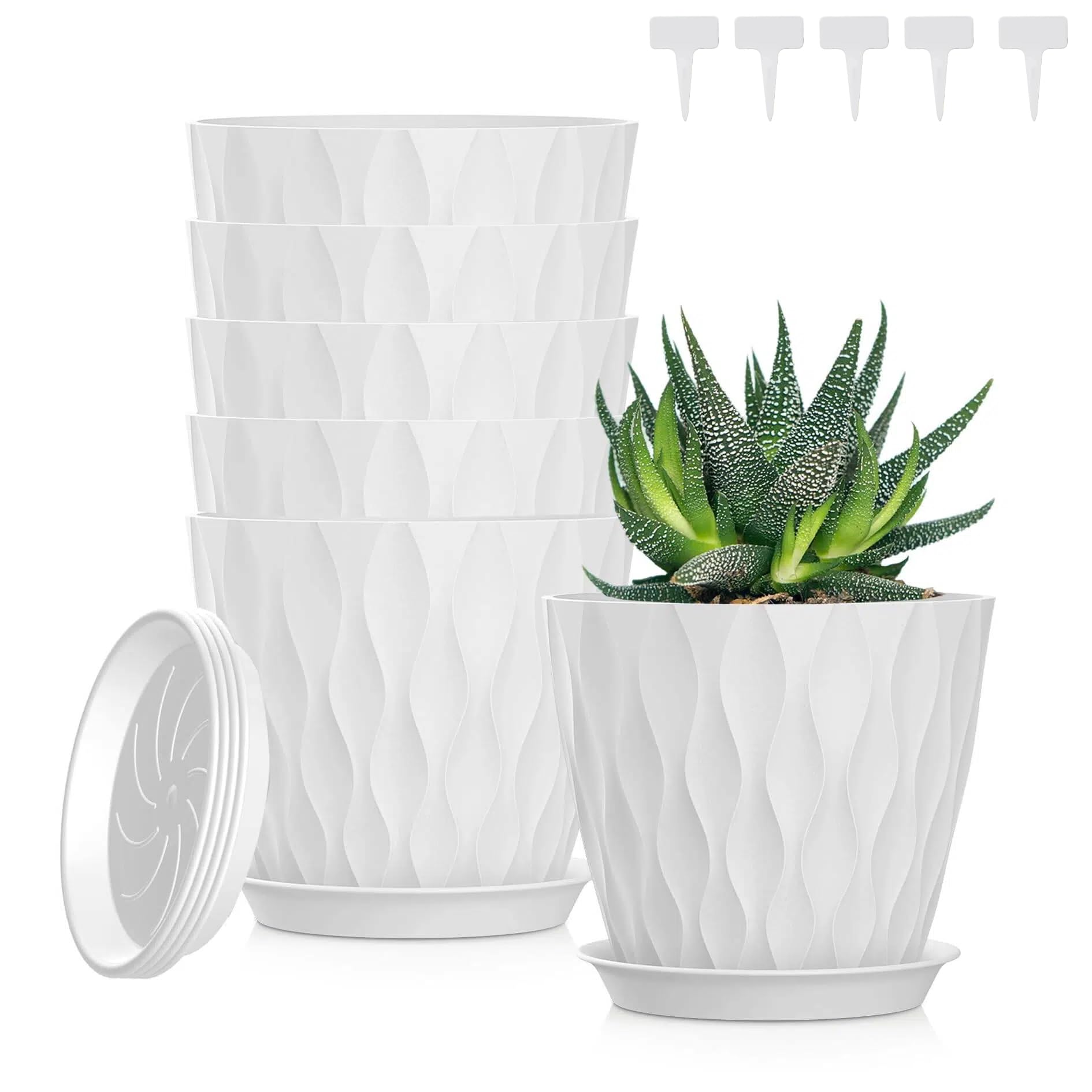 5 Piezas Macetero con Plato, 12.6CM Maceta Redonda de Plástico con 5 Etiquetas, Macetas con Platillo de Agujeros de Drenaje Maceteros Decorativos Interior para Balcón, Interior, Jardín (Negro, 5IN) — view 8