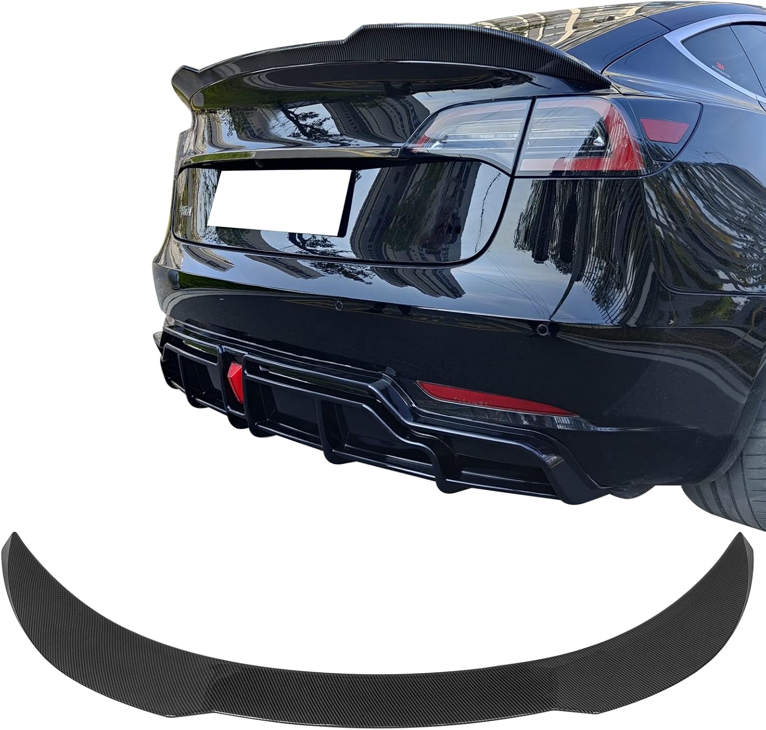 IKON MOTORSPORTS, Trunk Spoiler Compatible with 2017-2025 Tesla Model 3, Carbon Fiber Print ABS Plastic Performance Style Rear Trunk Lid Wing Spoiler, 2018 2019 2020 2021 2022