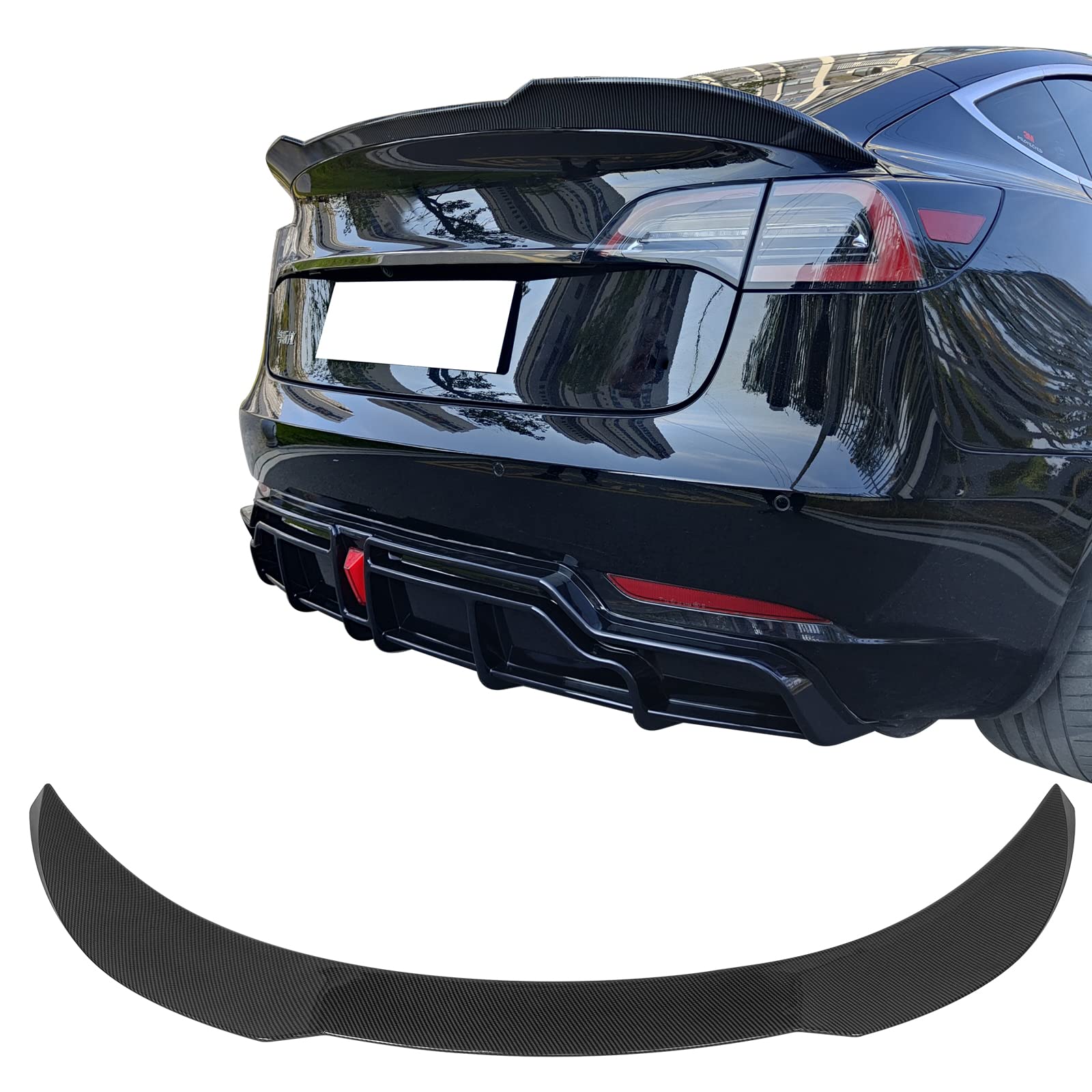 IKON MOTORSPORTS, Trunk Spoiler Compatible with 2017-2025 Tesla Model 3, Carbon Fiber Print ABS Plastic Performance Style Rear Trunk Lid Wing Spoiler, 2018 2019 2020 2021 2022