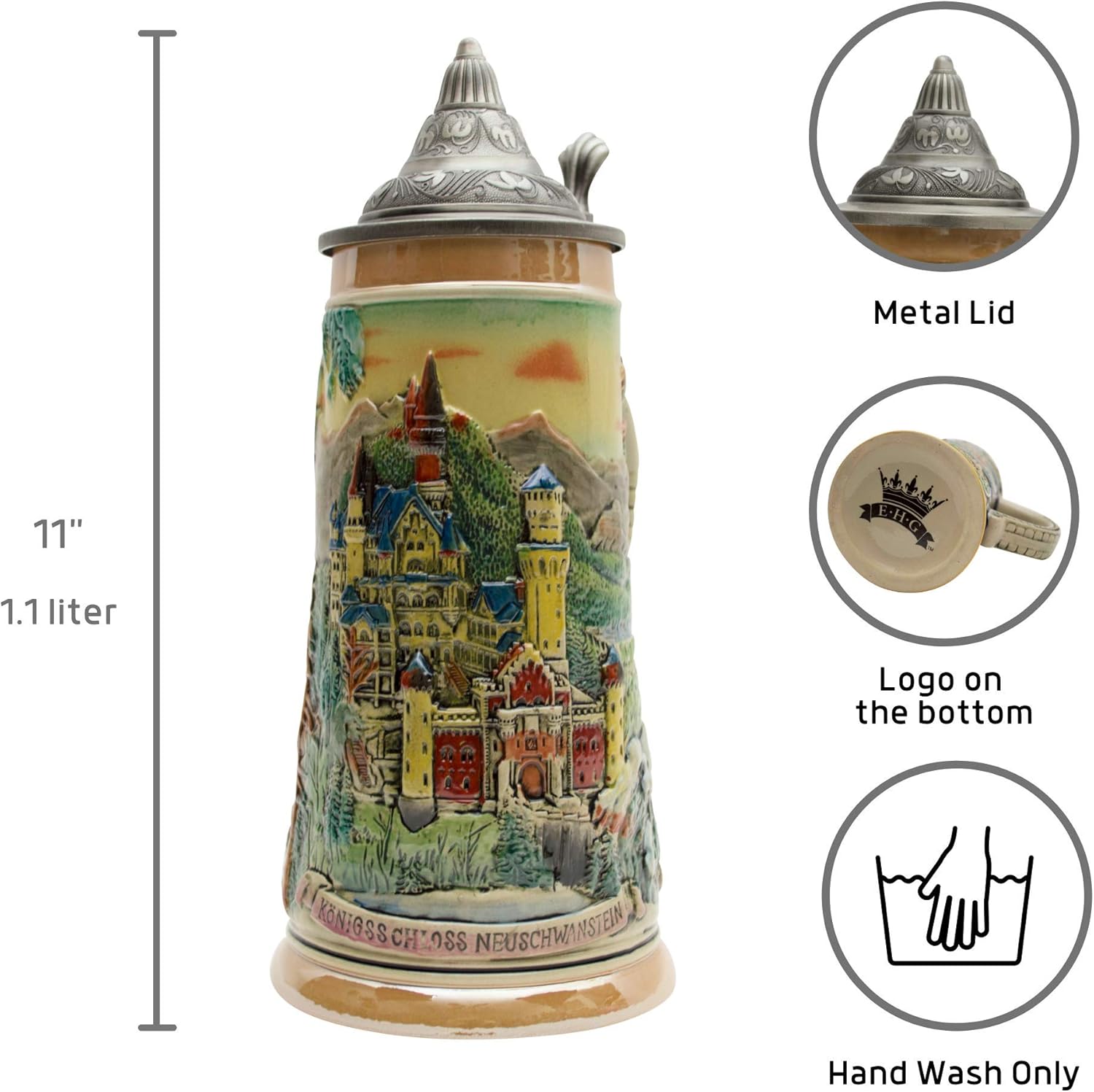 Essence of Europe Gifts 1.1 Liter | OktoberfestHaus Large Beer Mug Ludwig's Neuschwanstein Schloss (Castle) Engraved Stein With Lid Classic German Elk Scene Jarra Cervecera Alemana