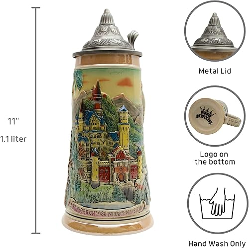 Miniatura 2 de Essence of Europe Gifts E.H.G OktoberfestHaus - Taza de cerveza grande de Ludwig's Neuschwanstein Schloss (castillo), grabado con tapa, diseño
