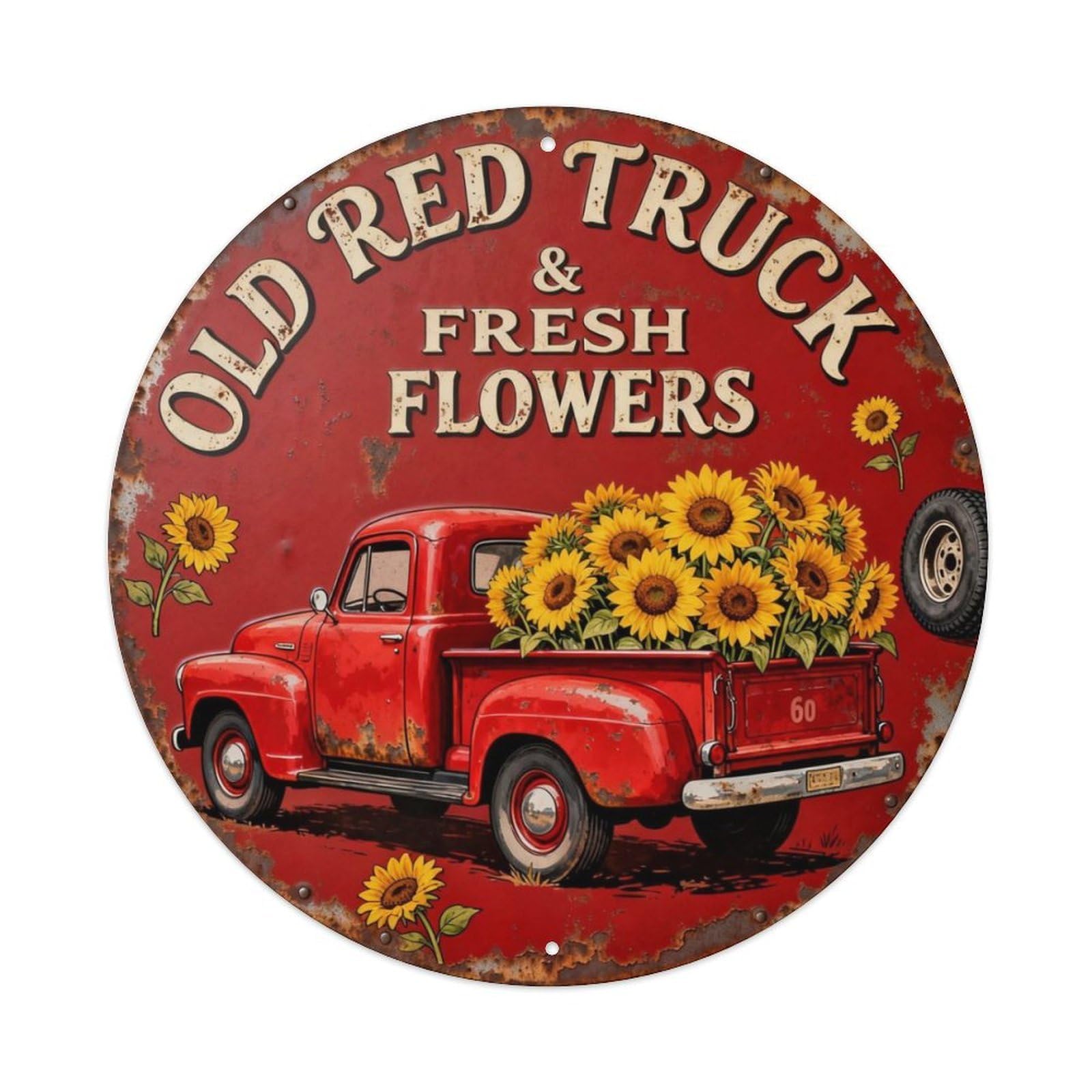 OLD RED TRUCK & FRESH FLOWERS Metal Tin Sign Plaque