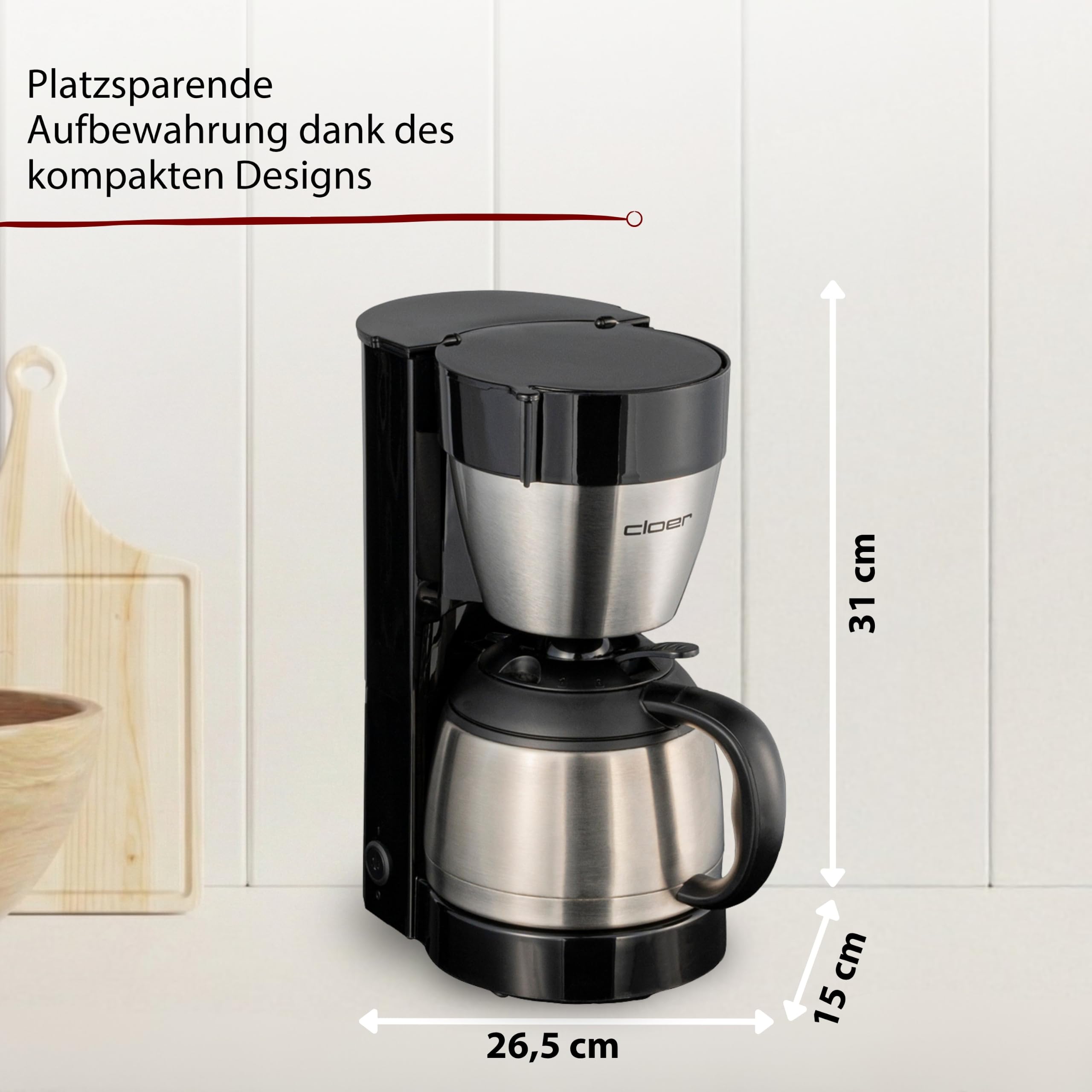 Cloer 5009 Filterkaffeemaschine für 8 Tassen, optionale Warmhaltefunktion, Tropfstopp & Auto-Off, Isolierkanne, Filtergröße 1x4, Edelstahl, schwarz 800 W