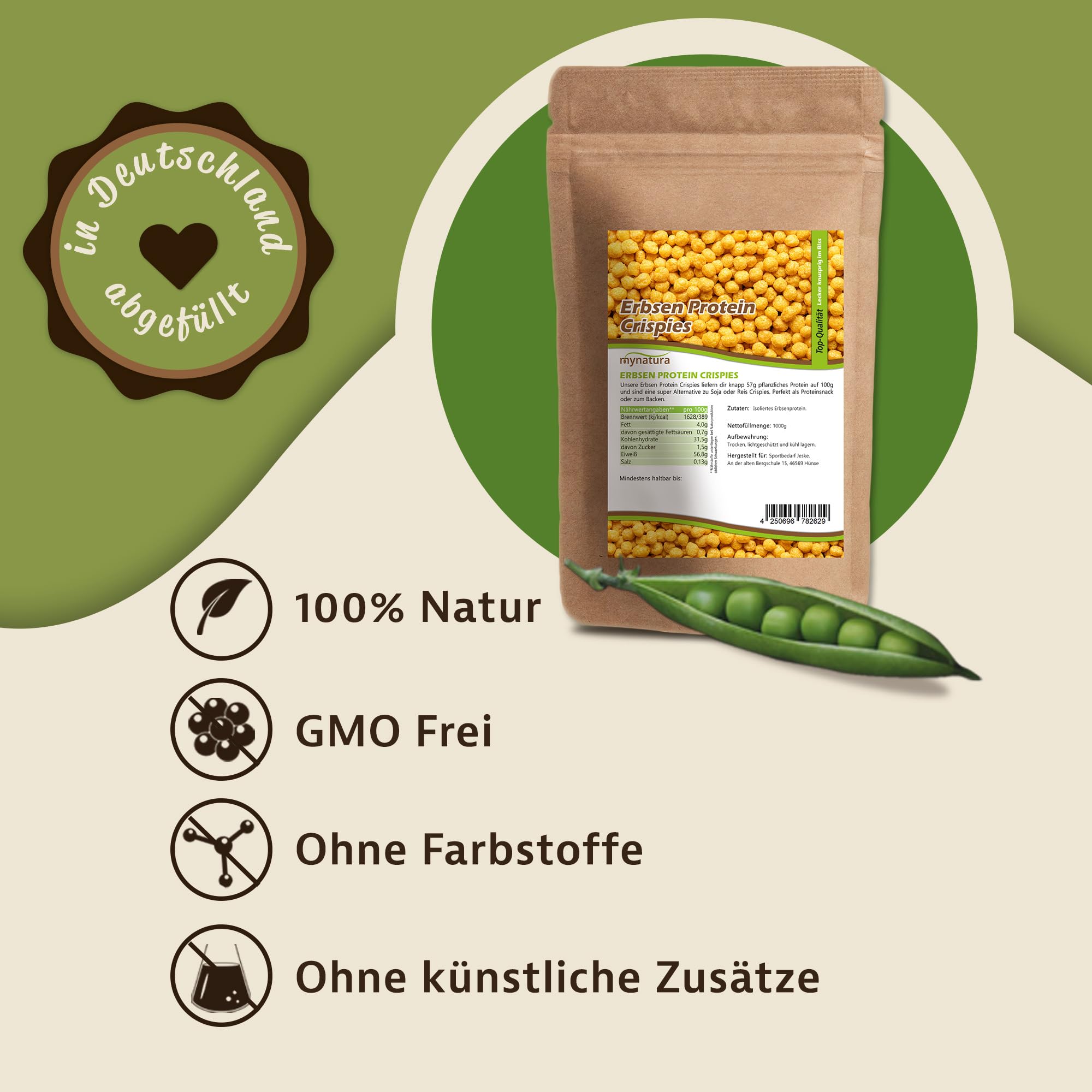 Mynatura Erbsenprotein Crispies | 57% Eiweiß | Pea Protein | Pflanzliches Eiweiß aus Erbsen | Vegane Nahrungsergänzung | Eiweißsnack | Peas (3x1000g)