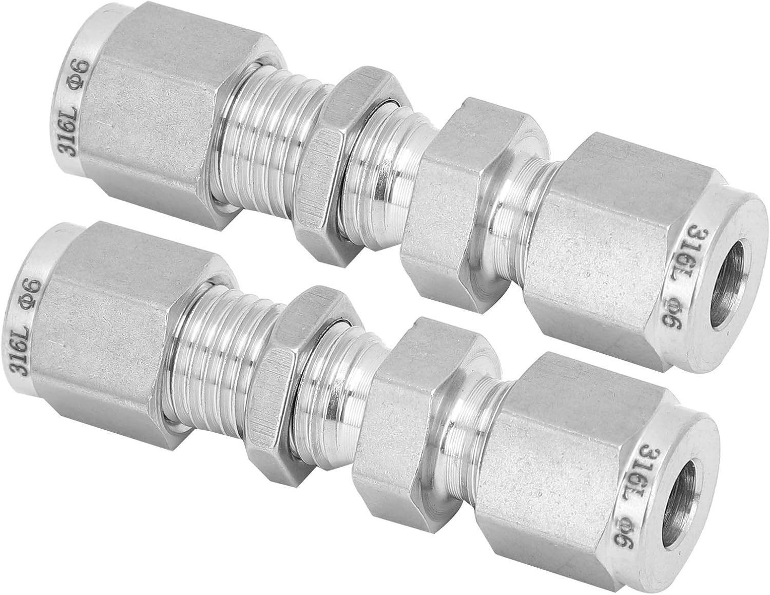 2Pcs Compression Bulkhead Fitting, 316 Stainless Steel Double Ferrule Connector, High Pressure Hydraulic Bulkhead Fitting for Industrial Piping Systems (F6)