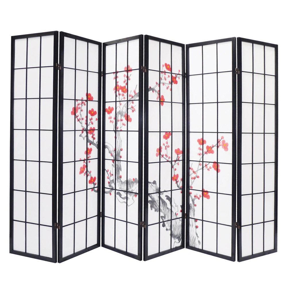 PEGANE Paravent Bois Noir avec Fleurs de Cerisier de 6 pans, L264 x H176 x P2 cm
