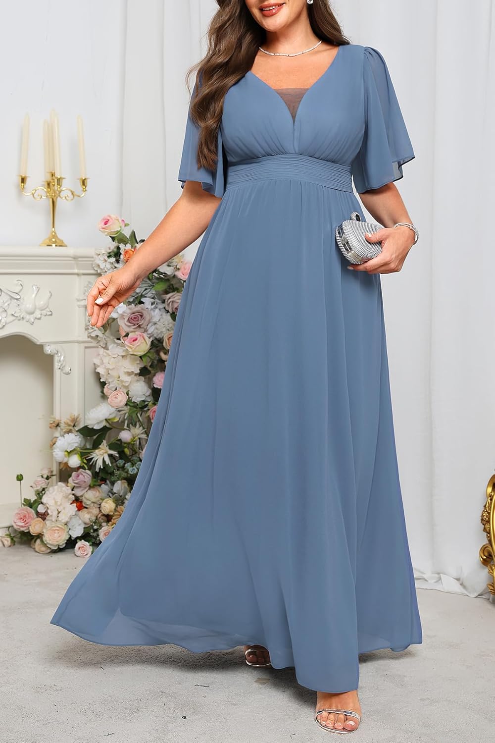 Plus Size Formal Dresses - V Neck Flutter Sleeves Evening Gowns Bridesmaid Wedding Guest Chiffon Long Maxi Dress - Image 6