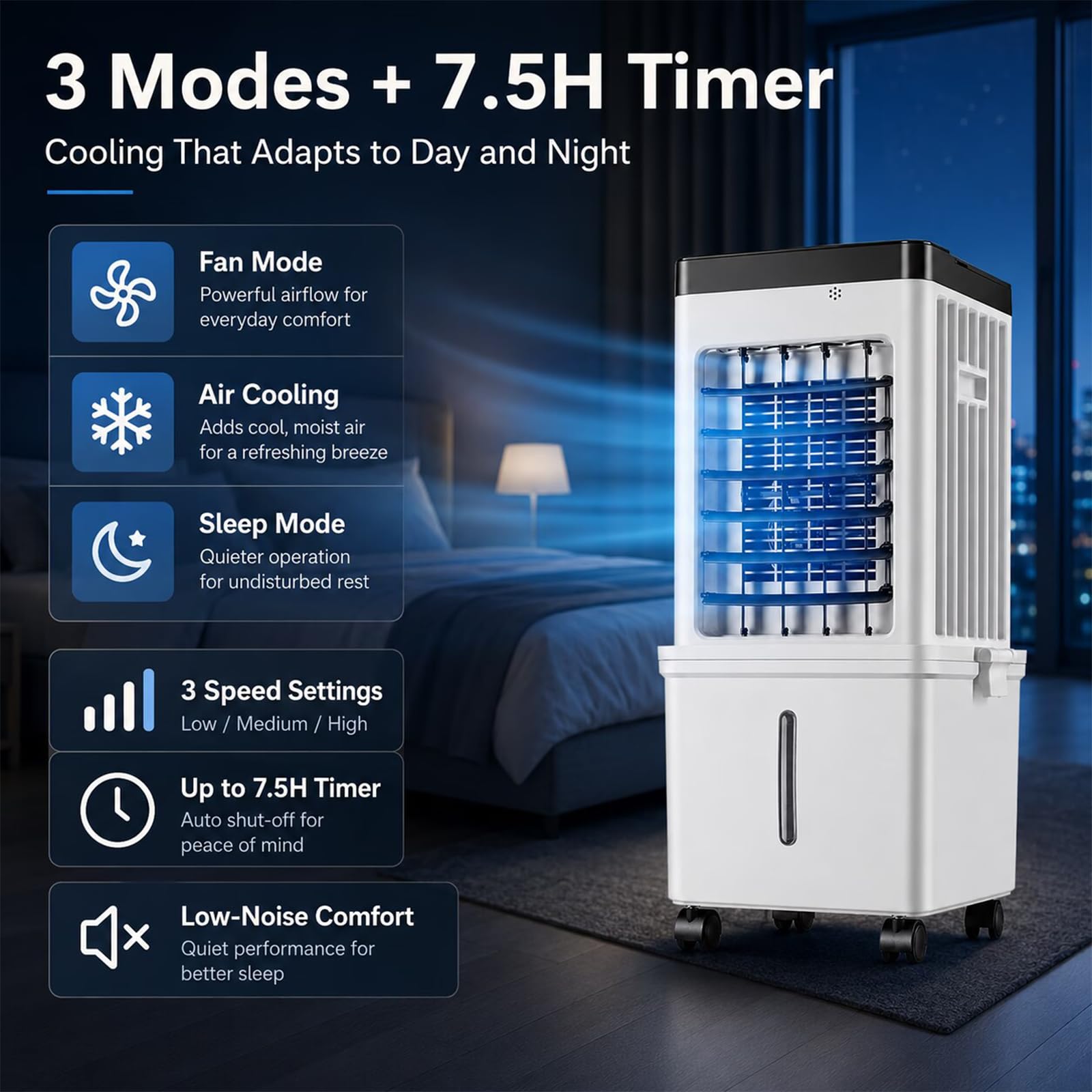 Climatizador Evaporativo con Depósito de 15L Desmontable, Aire Acondicionado Portátil con Temporizador de 7.5 Horas, Enfriador de Aire con Mando a Distancia para Hogar y Oficina