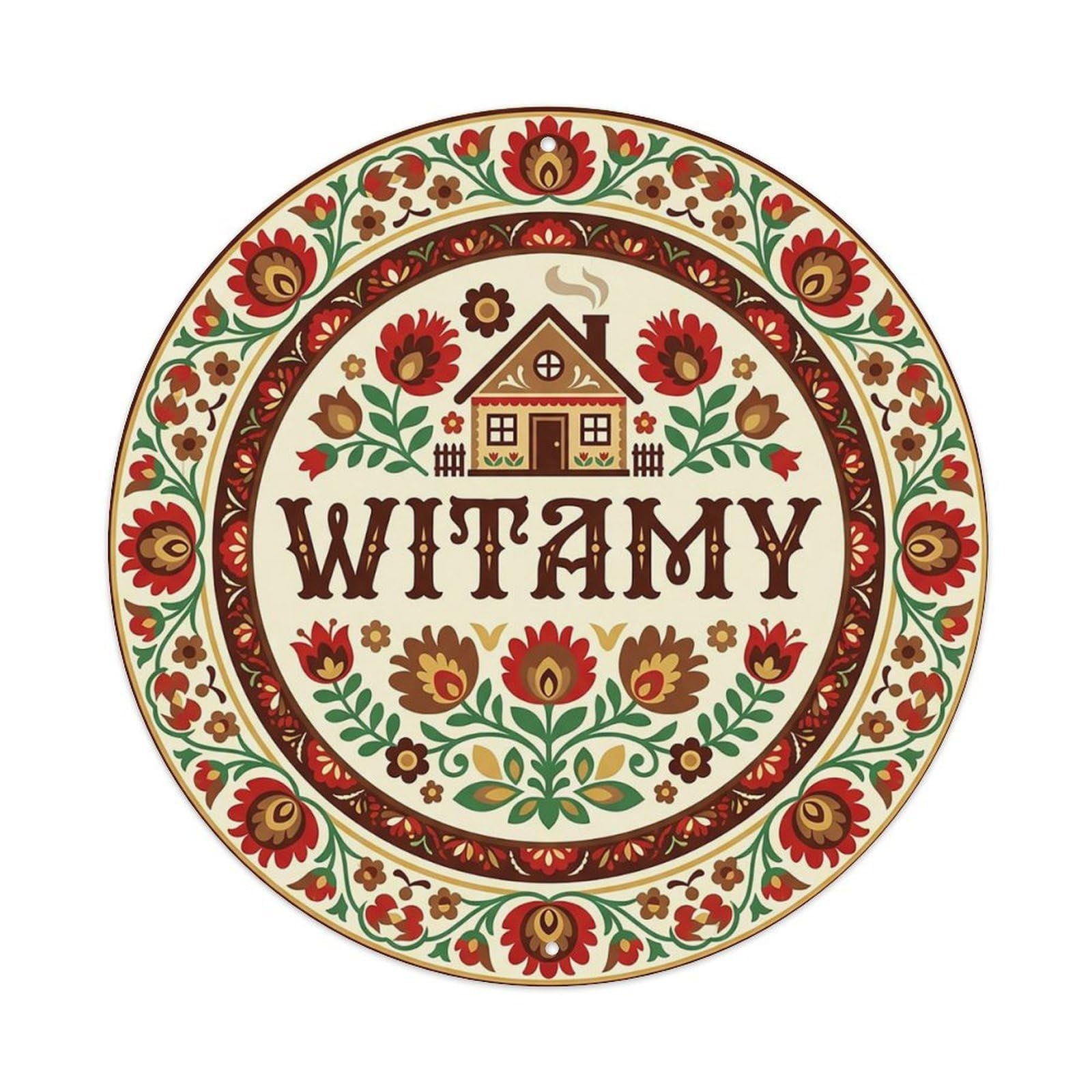 Vintage Polish Folk Art Witamy Welcome Housewarming Metal Tin Sign