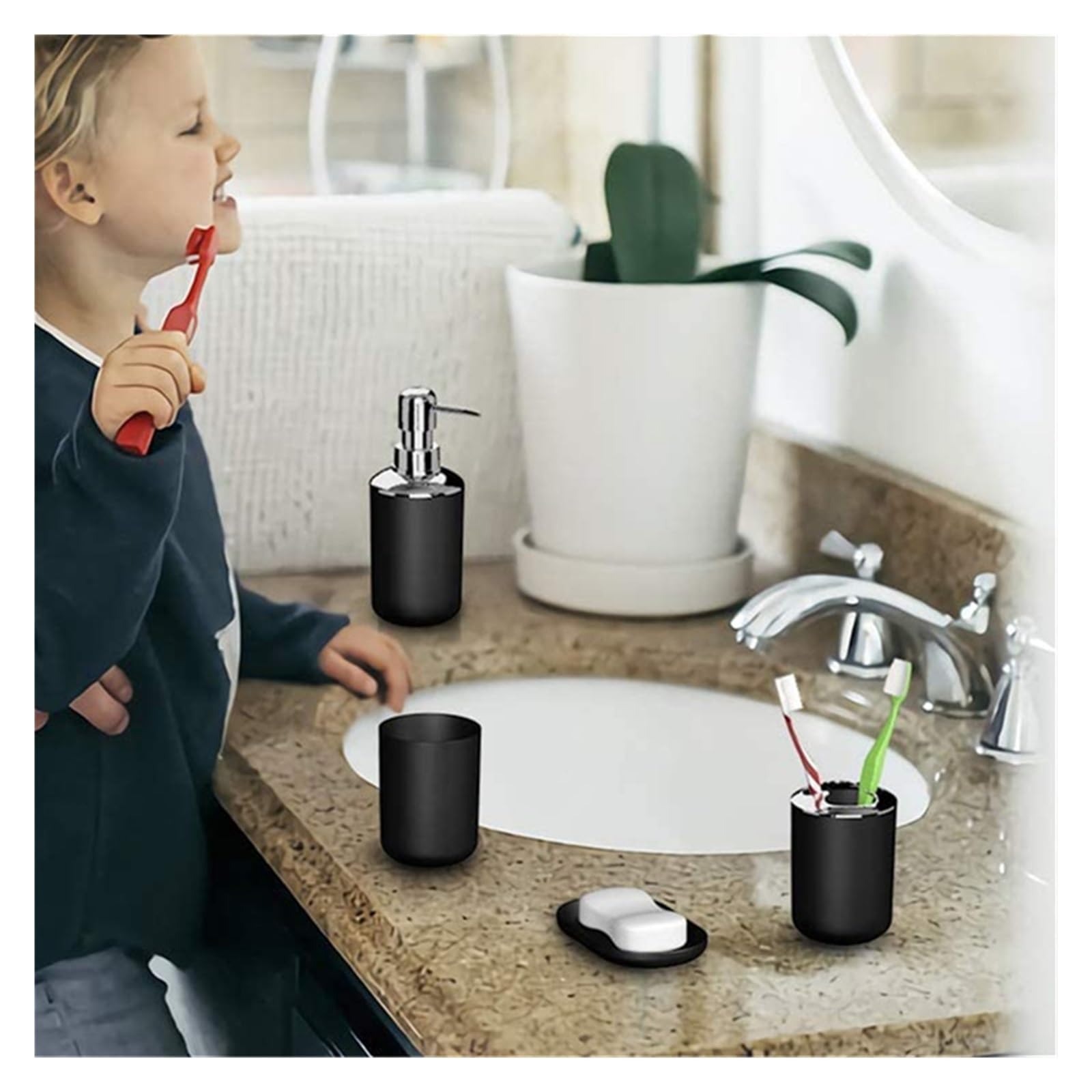 Set Dispensador Jabon Baño 4 piezas de accesorios de baño de lujo, soporte de plástico for cepillo de dientes, taza, dispensador de jabón, plato, soporte for inodoro, bomba, botella, taza, juego de ba