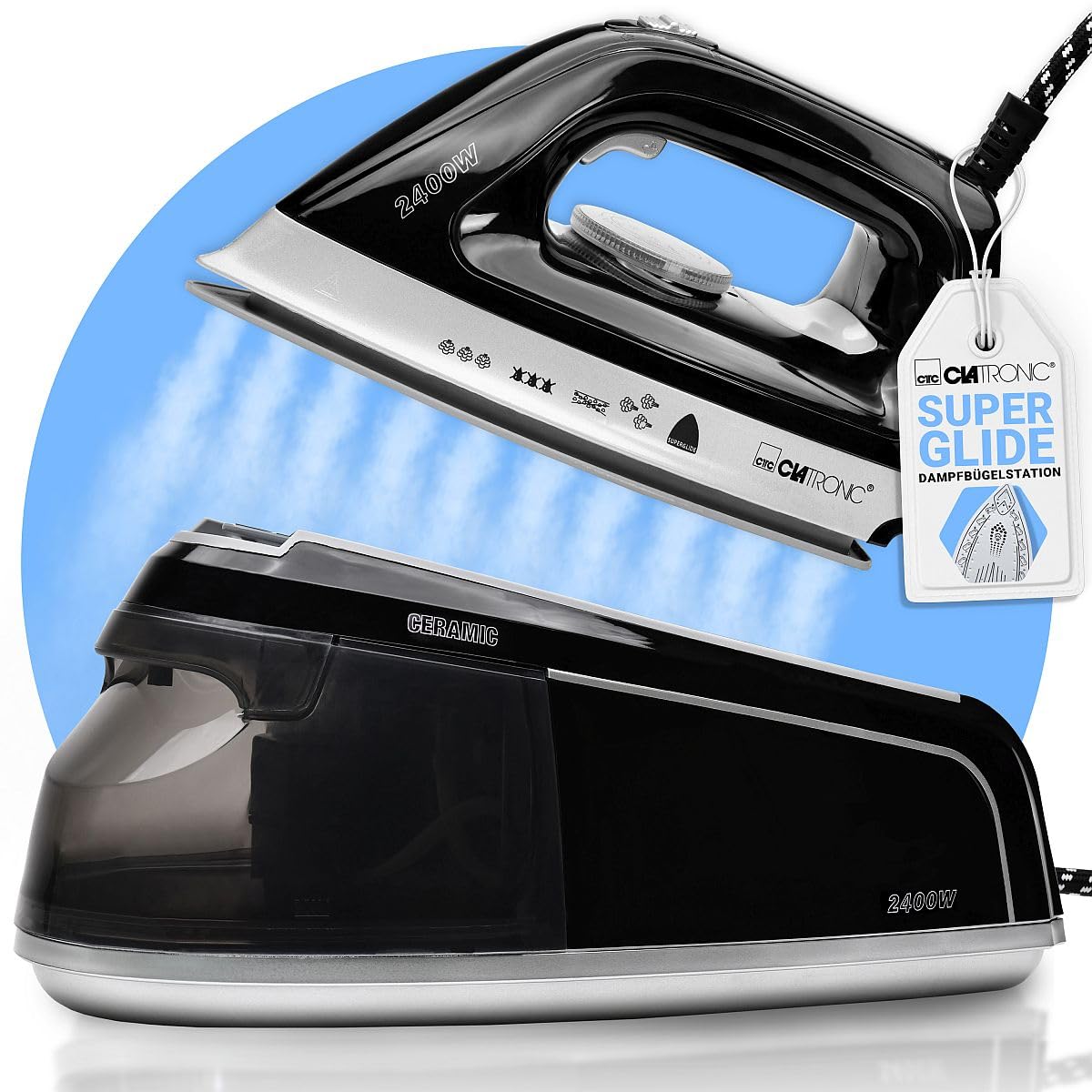 Centro de planchado a vapor Clatronic con plancha de vapor | 3,5 bar | plancha de vapor con suela Superglide y depósito de agua de 1,2L | 80 min. de autonomía | 2400W | con sistema antigoteo |DBS 3749