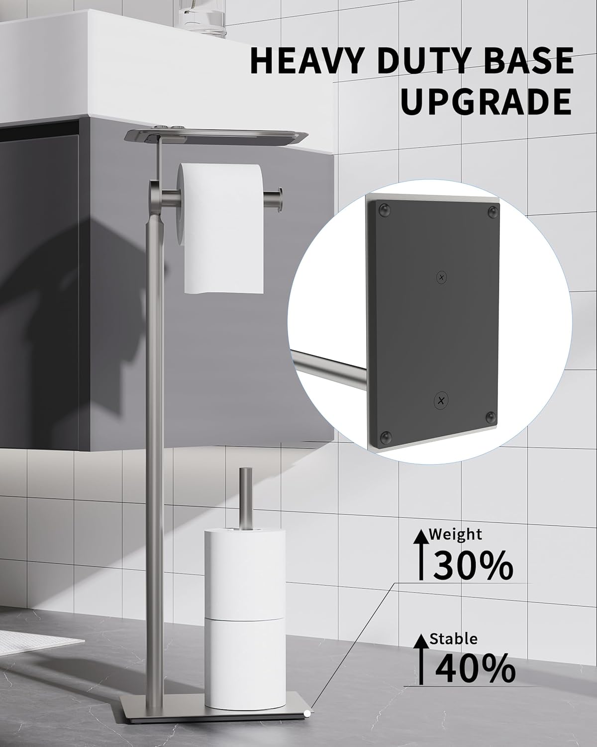 Toilet Paper Holder Stand, Free Standing Toilet Paper Holder with Shelf for Bathroom, Stainless Steel Brushed Nickel Toilet Paper Roll Holder with Storage, Reserve for 3 Rolls, Weighted Base