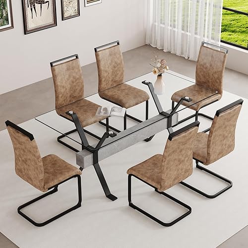Miniatura 39 de Juego de mesa de comedor de cristal de 71 pulgadas para 6 personas | Juego de mesa de comedor moderno para 6 con sillas de piel sintética | Mesa de