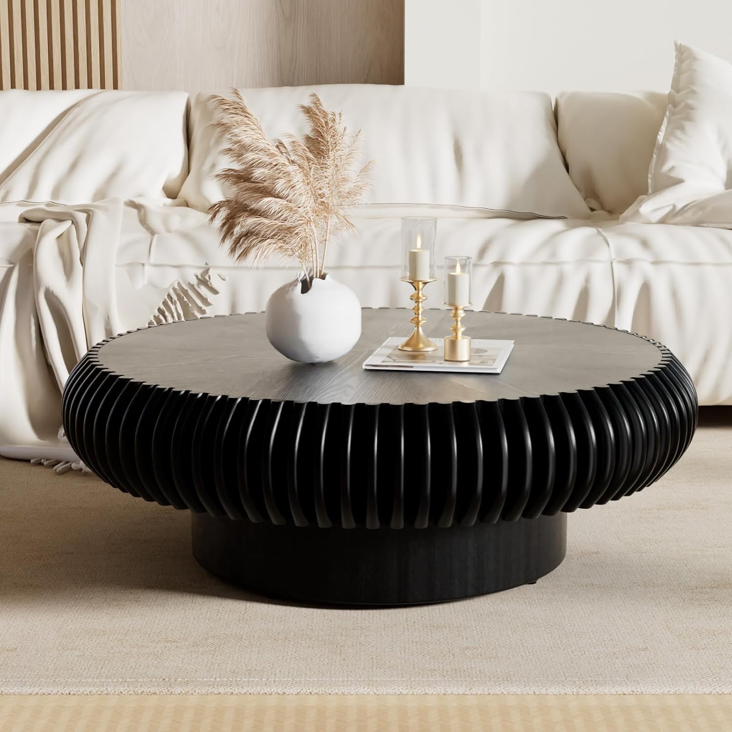 Round Fluted Coffee Table Black Wood Circle Coffee Tables for Living Room Contemporary Drum Center Table Handcrafted Fluted Circle End Tables for Apartment Reception Room (Black (39.4 inch))